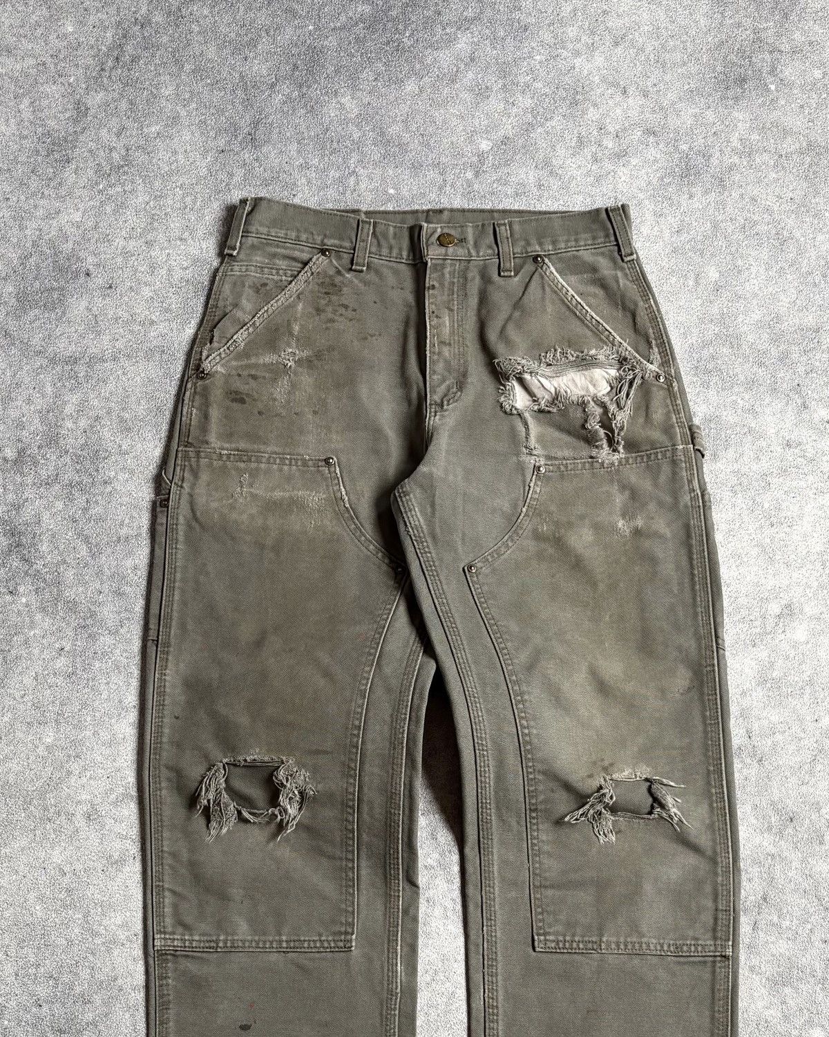 Carhartt Faded MOSS Green Thrashed Carhartt Double Knee Pants Size US 30 / EU 46 - 3 Thumbnail