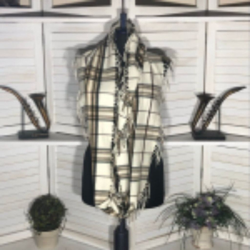 Van Heusen Fringe Scarf Infinity Style Plaid Pattern Cream/Beige OS Size ONE SIZE - 5 Thumbnail
