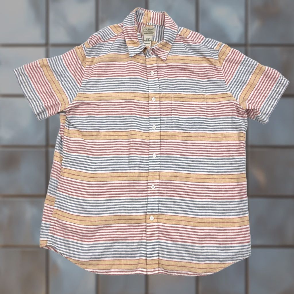 Vintage L.L.Bean Men's L Regular Linen Blend Striped Casual Button Down Shirt Short Sleeve"} Size US L / EU 52-54 / 3 - 1 Thumbnail