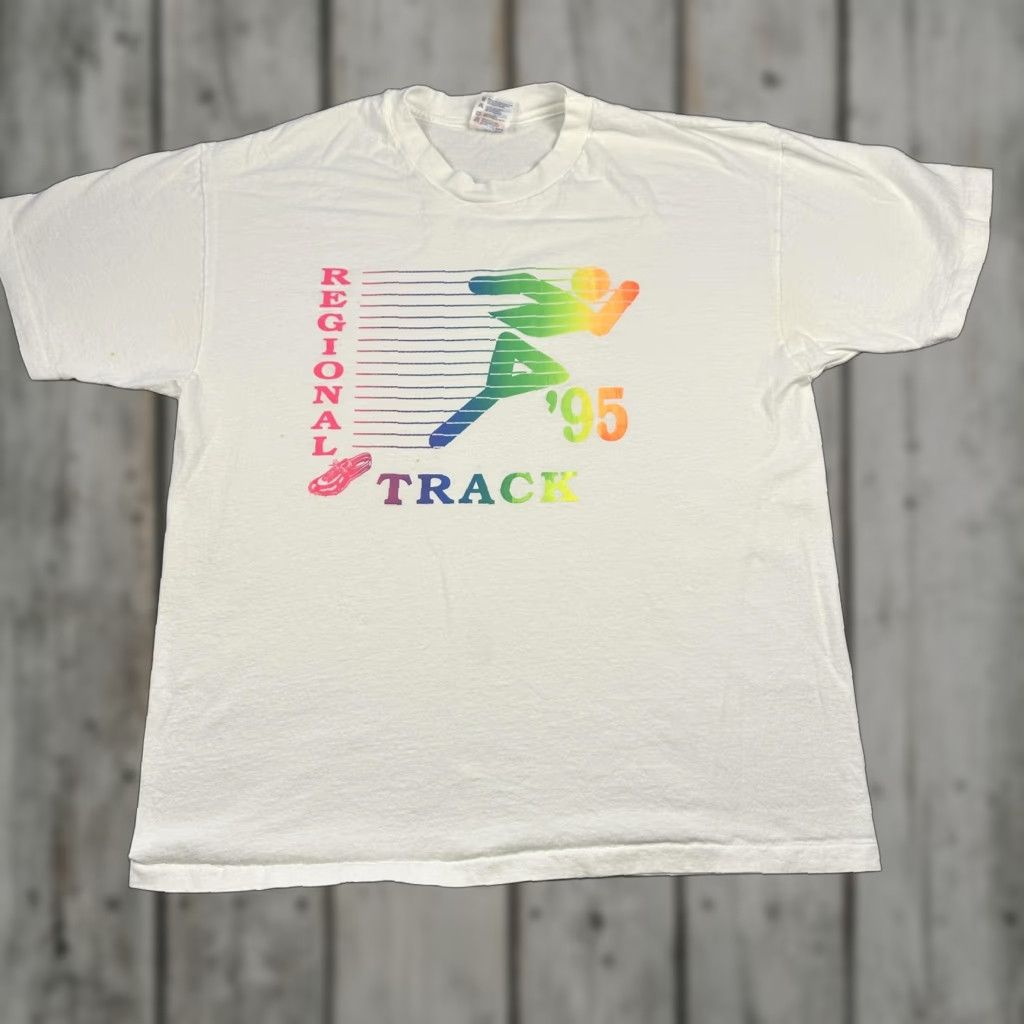 Hanes VINTAGE Regional Track Shirt Mens XL White 1995 Neon Rainbow Graphic Runner 90s Size US XL / EU 56 / 4 - 1 Thumbnail