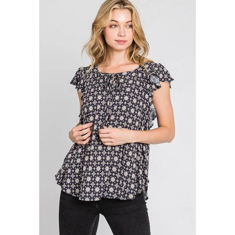 Other Jade By Jane Women's Navy & White Boho Floral Ruffle Sleeve Size M / US 6-8 / IT 42-44 - 2 Thumbnail
