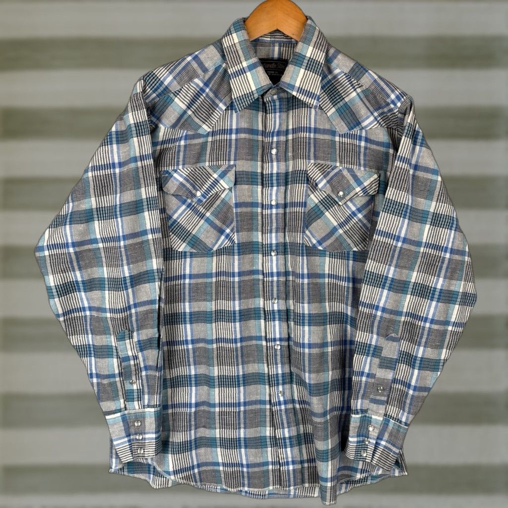 Vintage VINTAGE Panhandle Slim Shirt Men L Blue Plaid Polyester Blend Western Pearl Snap USA Shirt Size US L / EU 52-54 / 3 - 1 Thumbnail