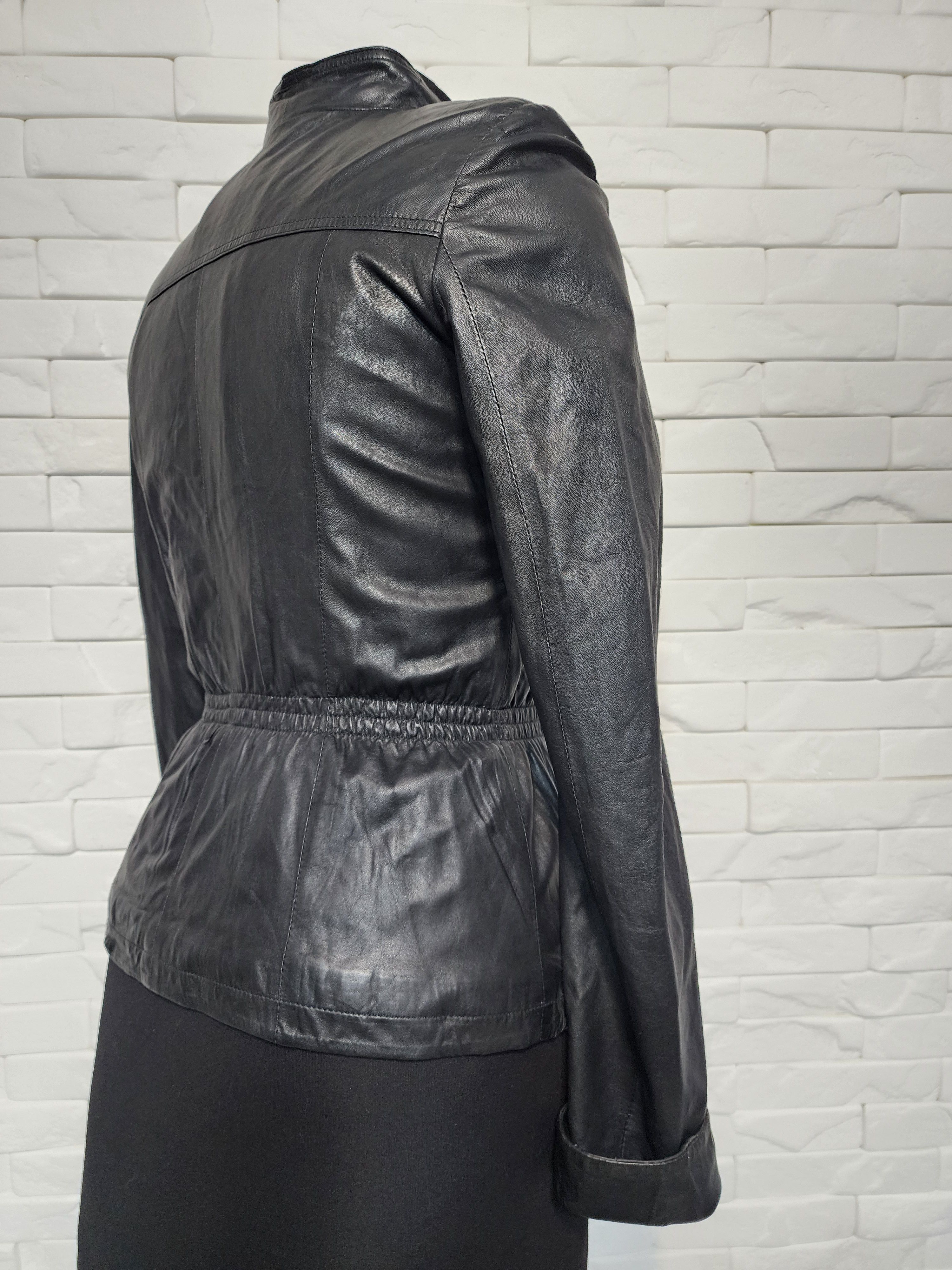 Genuine Leather Quilted Black Leather Jacket: Collarless Zip-Up Size M / US 6-8 / IT 42-44 - 6 Thumbnail