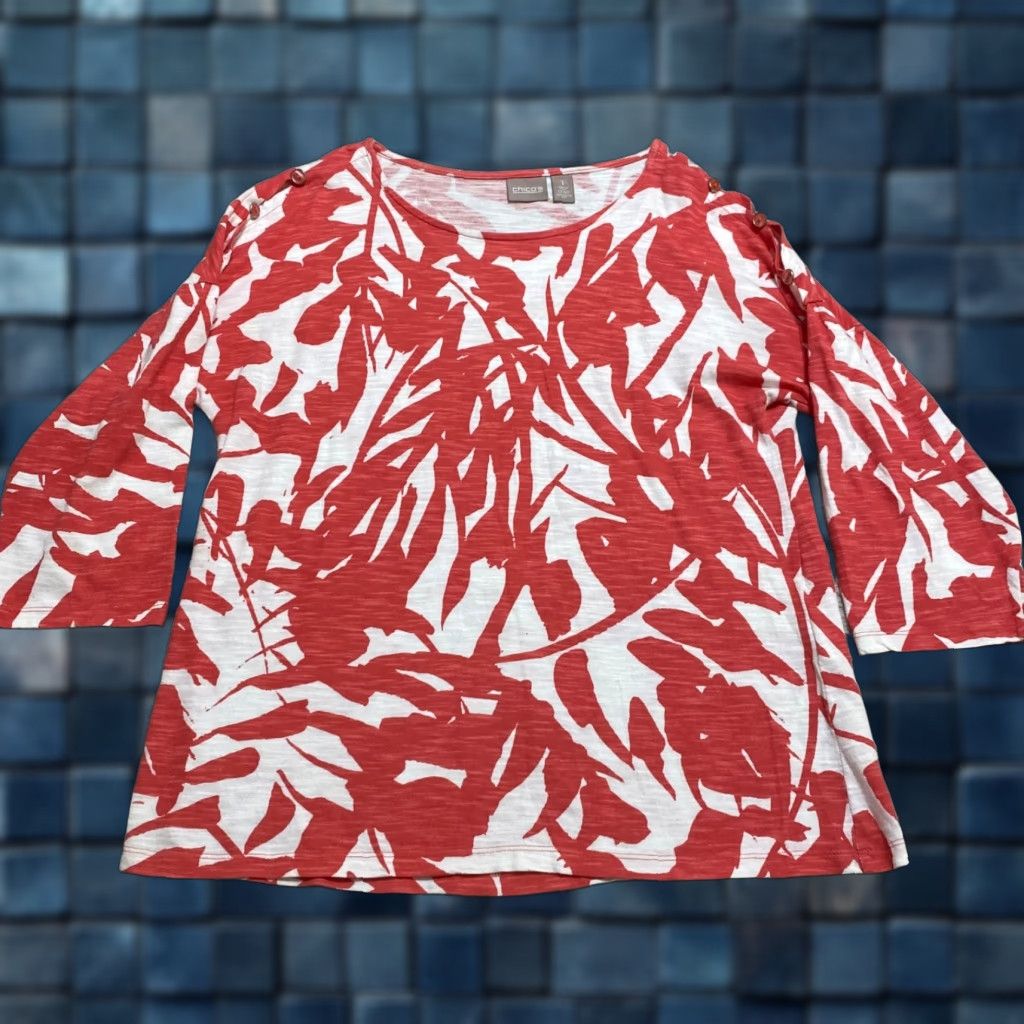 Vintage Chico's Womens Shirt M Red Floral 3/4 Sleeve Round Neck Pullover Size M / US 6-8 / IT 42-44 - 1 Thumbnail