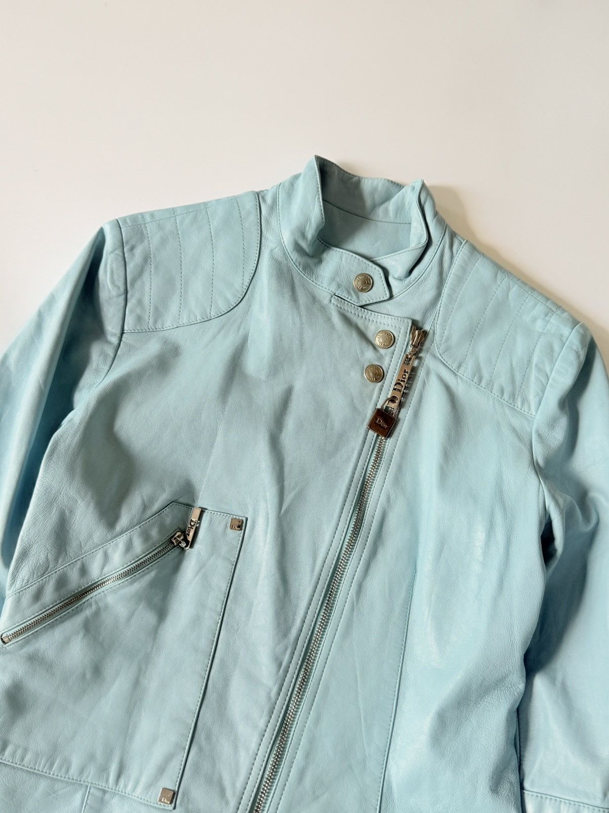 Dior Christian Dior John Galliano S/S 2004 Turquoise Biker Jacket Size XS / US 0-2 / IT 36-38 - 8 Thumbnail