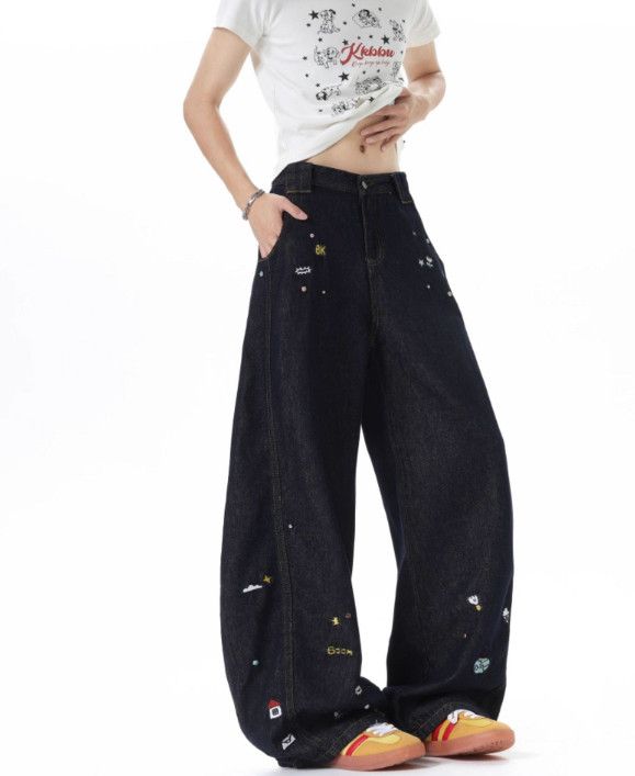 Japanese Brand Men's Retro Patchwork Denim Jeans with Cartoon Embroidery Size US 32 / EU 48 - 3 Thumbnail