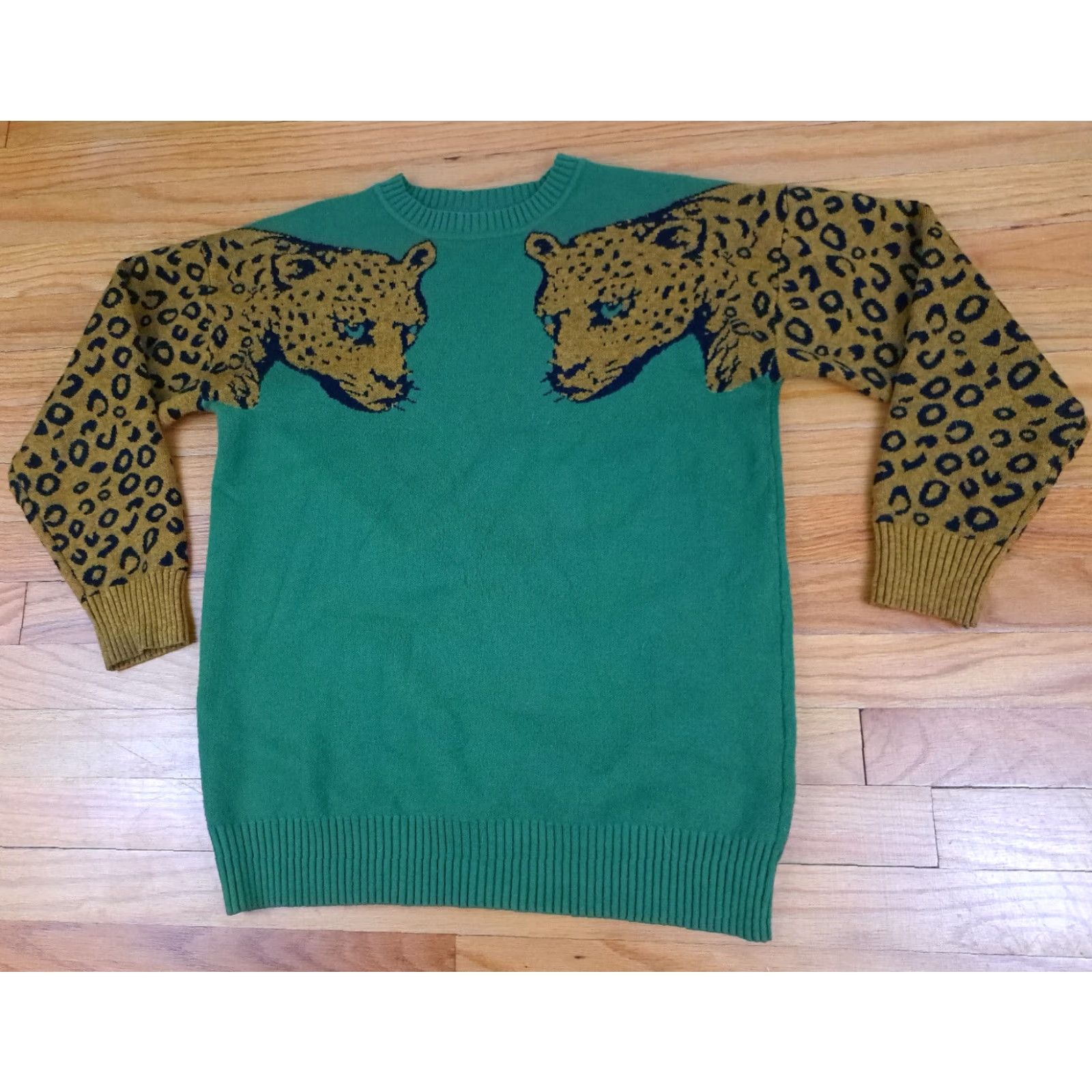 Vintage Leopard Head Sleeves Woman Small Knit Sweater Green Crew Neck Long Sleeve Pullover Knit Cotton Polyester Size S / US 4 / IT 40 - 4 Thumbnail