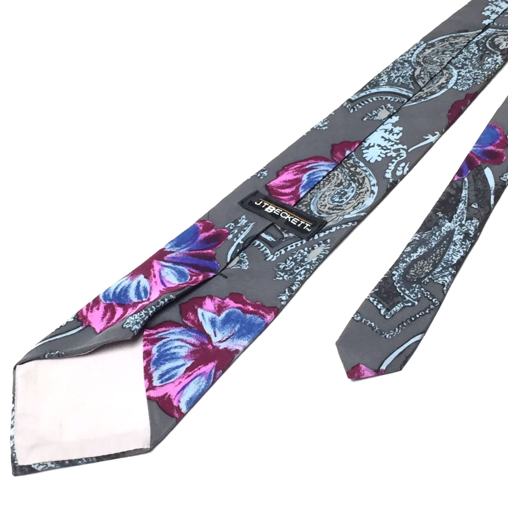 Vintage JT Beckett Necktie 100% Silk Gray Purple Floral Tie Men Classic 58" 3.5" Gray Floral Silk Size ONE SIZE - 5 Thumbnail