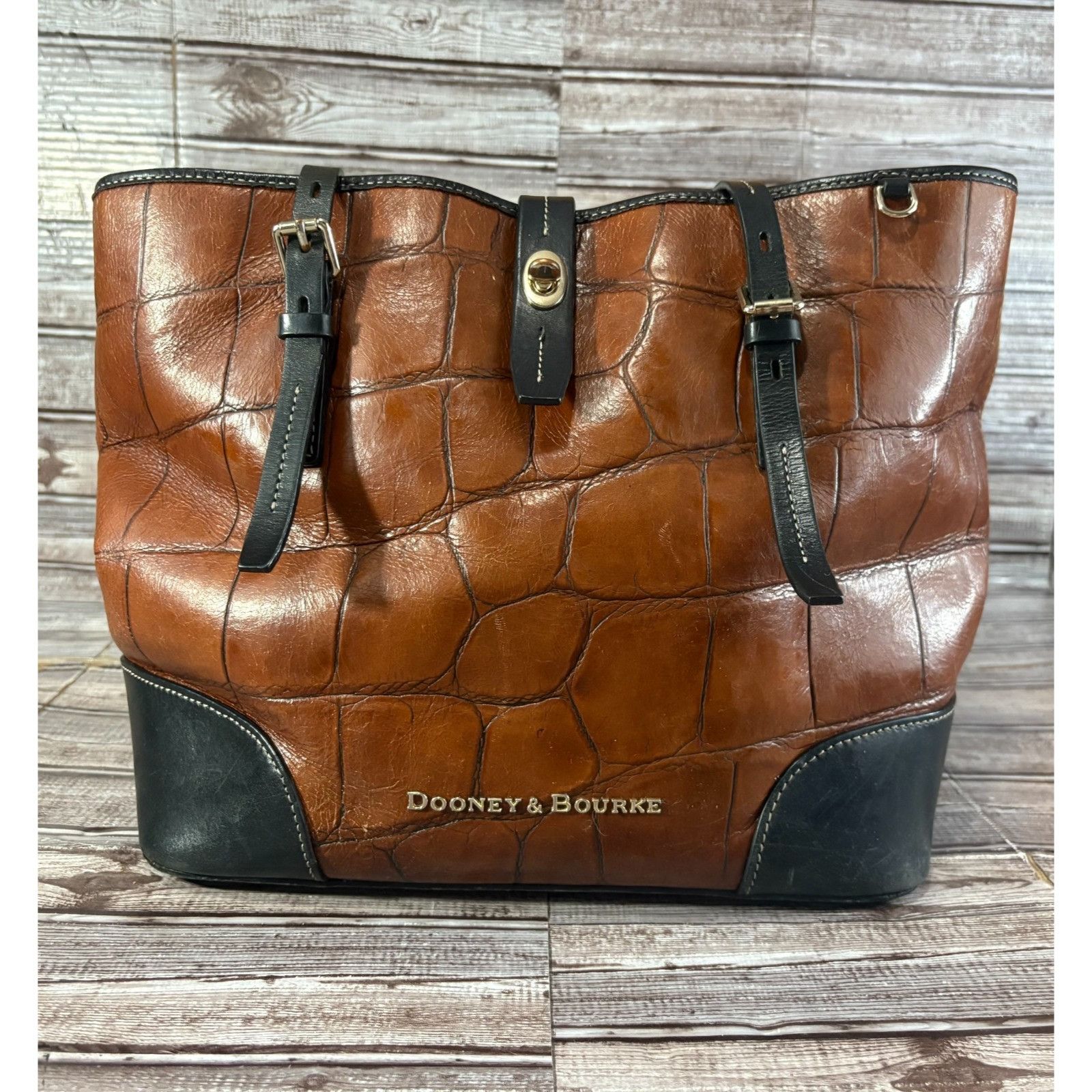 Dooney & Bourke Dooney Bourke Dover Croc Embossed Leather Tote Bag Brown Bla Size ONE SIZE - 2 Thumbnail