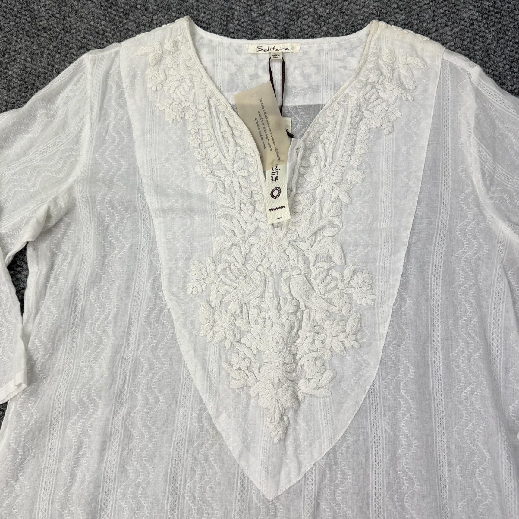 Vintage Solitaire Women’s Tunic Blouse Large White Cotton Embroidered Boho Beach Top 3/4 Sleeve Size L / US 10 / IT 46 - 2 Thumbnail