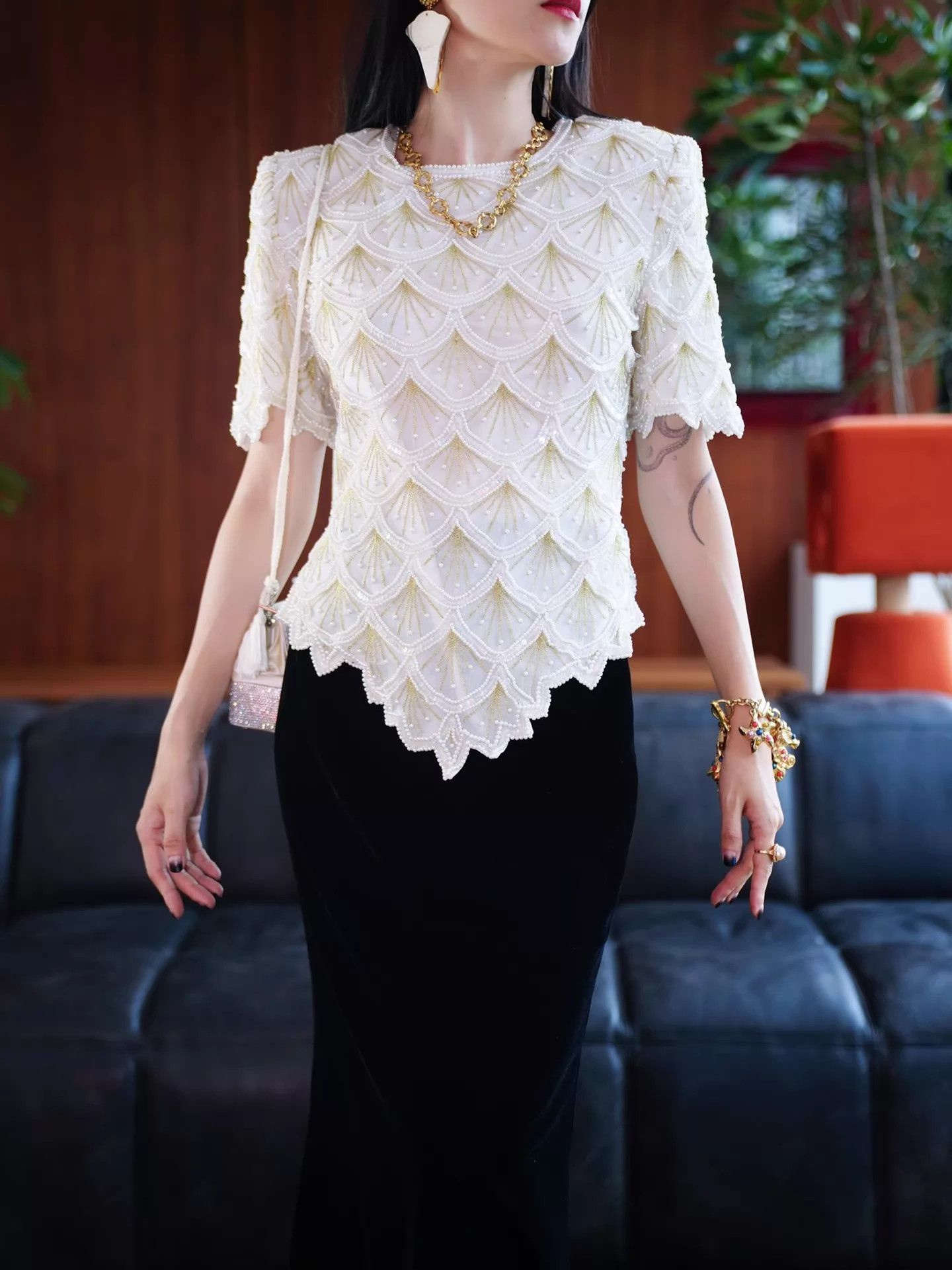 Other US Vintage Art Deco White Gold Geo Beaded Short Sleeve Top Size L / US 10 / IT 46 - 7 Thumbnail