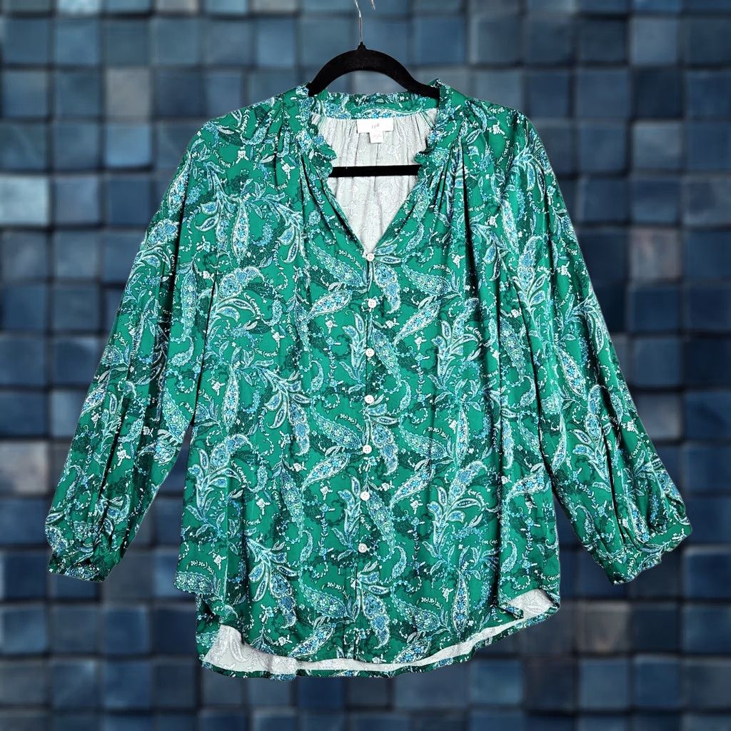 J. Jill J. Jill Blouse Paisley 3/4 Sleeve Green S Women's V-Neck Rayon Viscose Casual Shirt/Blouse Regular Fit Size S / US 4 / IT 40 - 1 Thumbnail