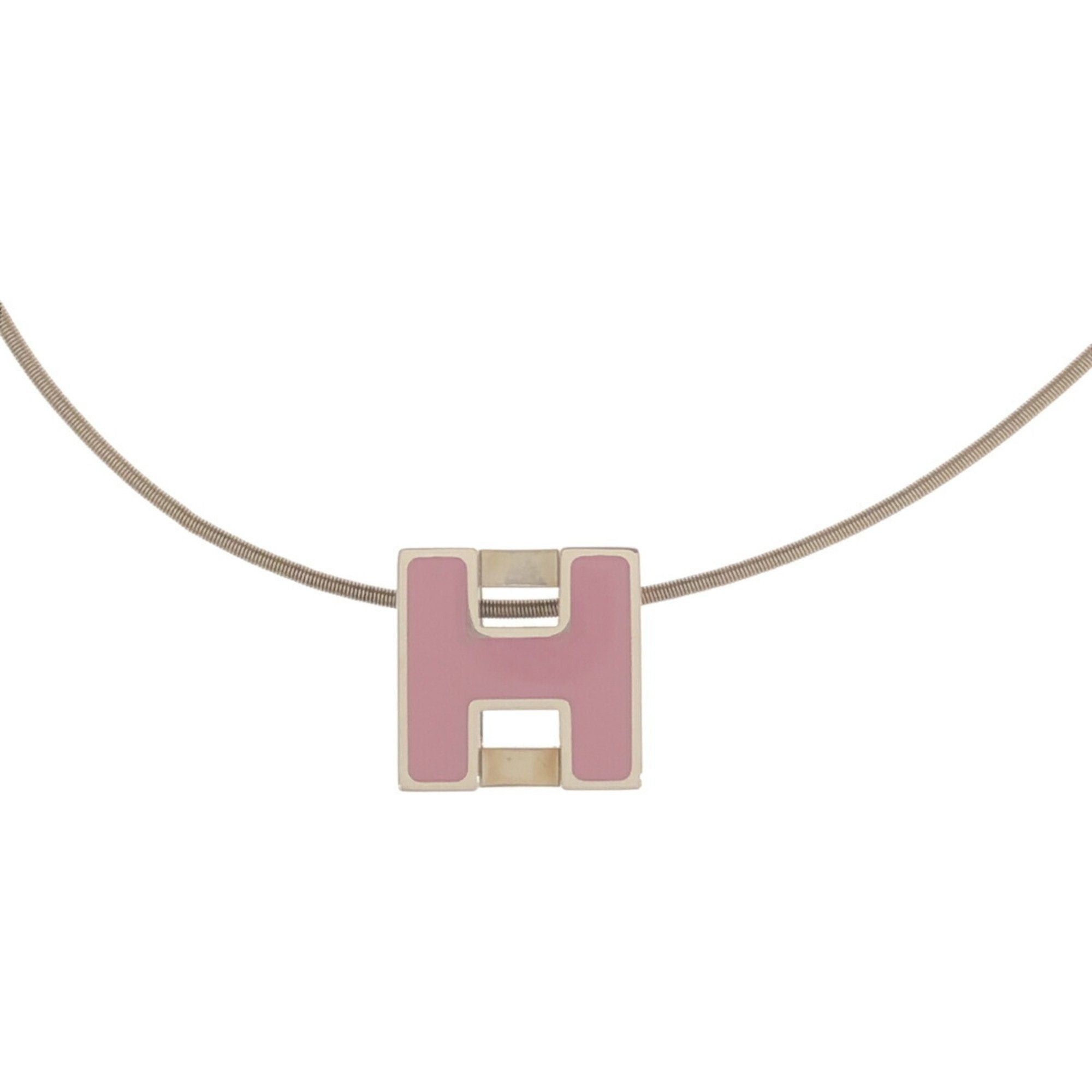 image of Hermes Necklace H Cube Curved Silver Pink Rope Chain Pendant Women's It3E30Rfbxmw Rm2798M