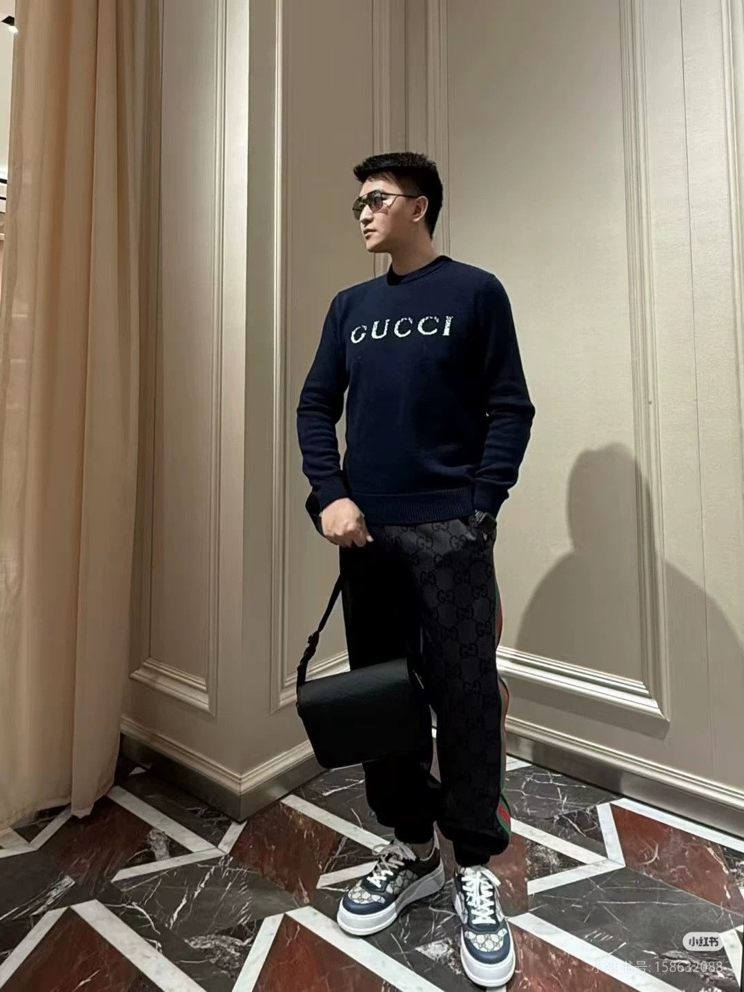 Gucci Gucci Men's Navy Letter Intarsia Wool Sweater Size US M / EU 48-50 / 2 - 8 Thumbnail