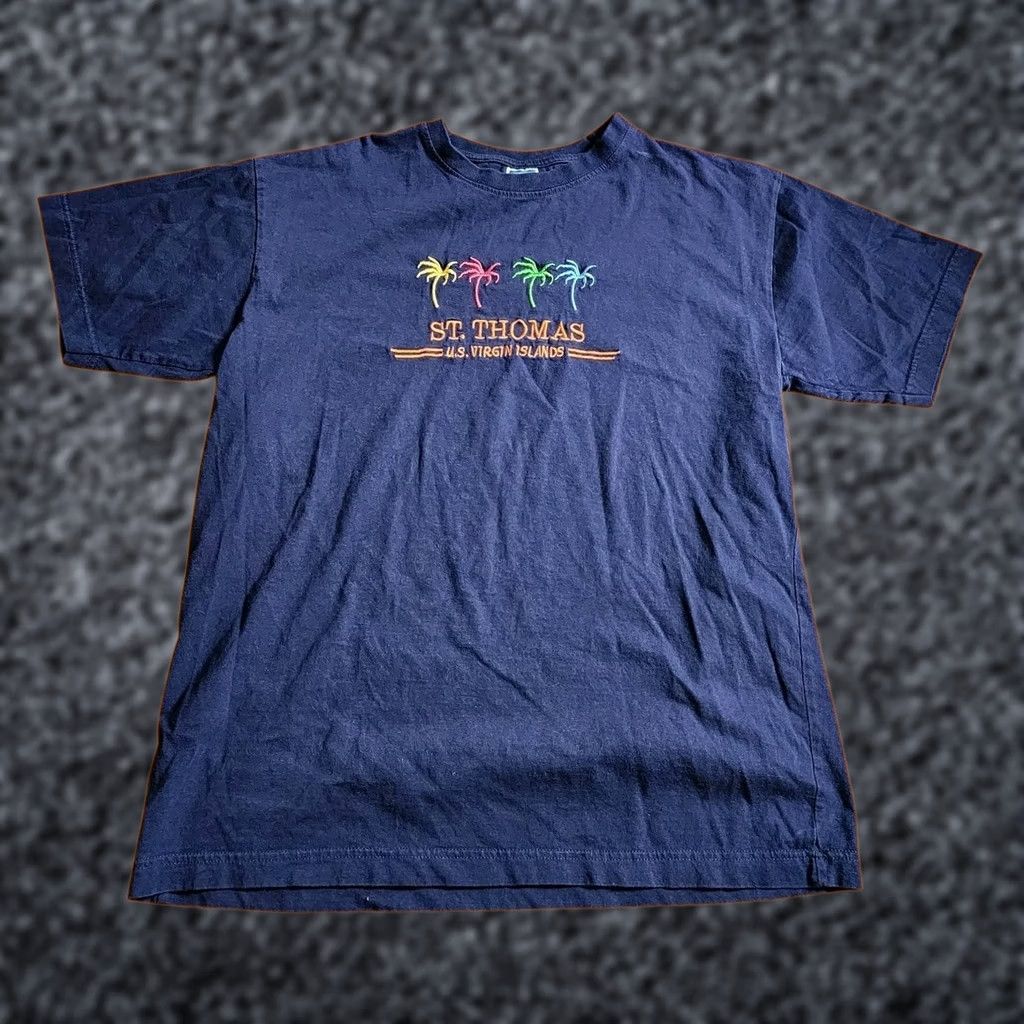 Vintage VINTAGE Carribean T-Shirt Mens L Crew Neck Short Sleeve Embroidered Palm Trees Travel Souvenir Blue Cotton Modern Classic Shirt Mens Size US L / EU 52-54 / 3 - 1 Thumbnail