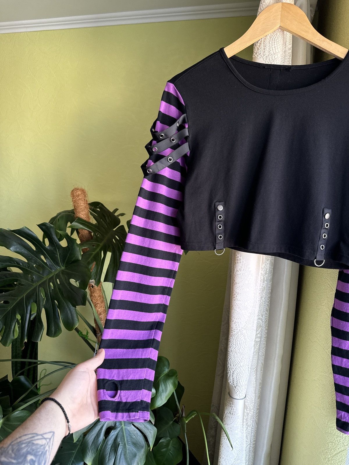 Hysteric Glamour Vintage Emo Punk Goth Cropped Longsleeve Top Black Purple Size M / US 6-8 / IT 42-44 - 6 Thumbnail