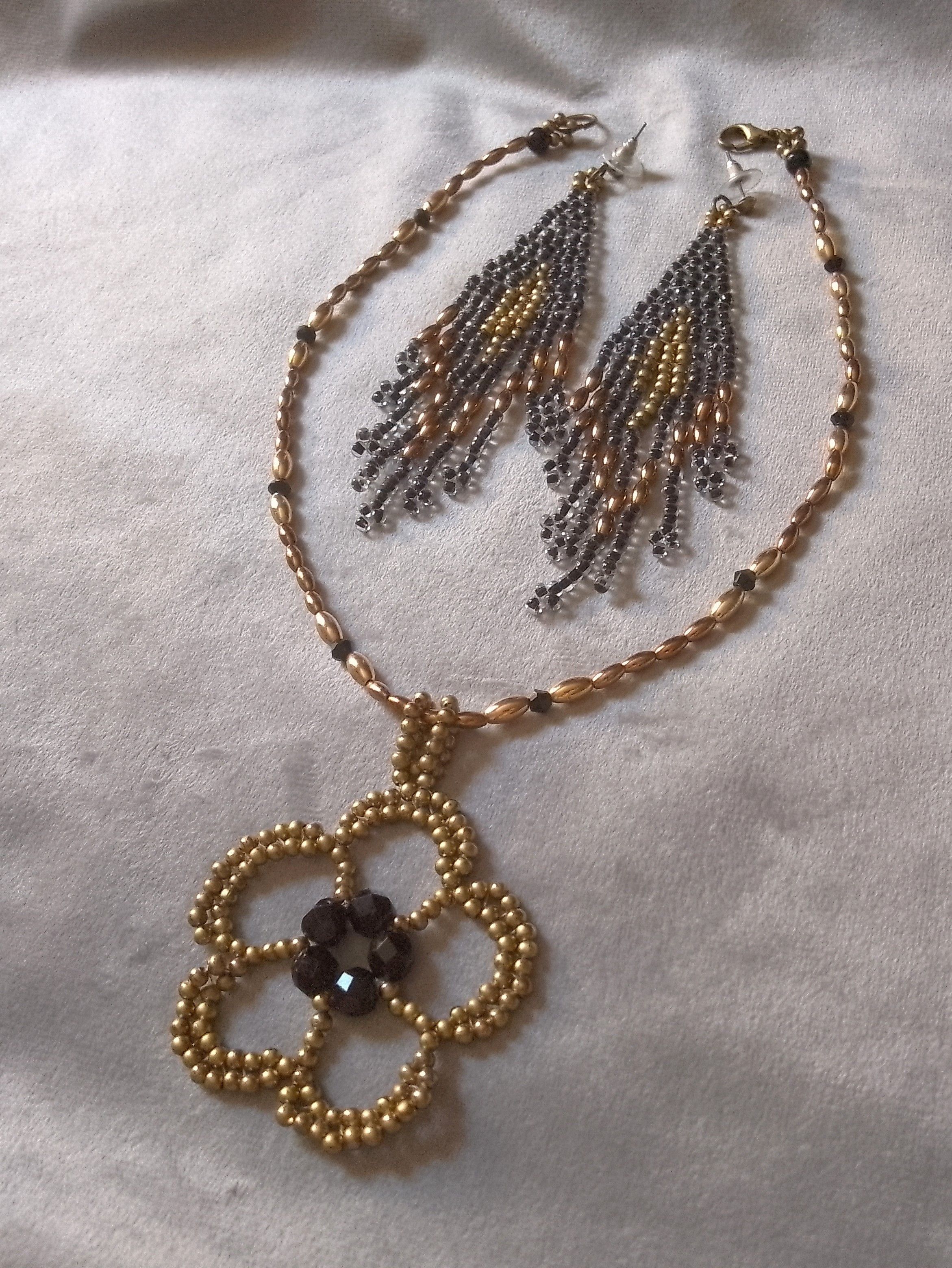 Handmade Necklace Flower pendant Black gemstones Earrings with Bangs Size ONE SIZE - 2 Thumbnail