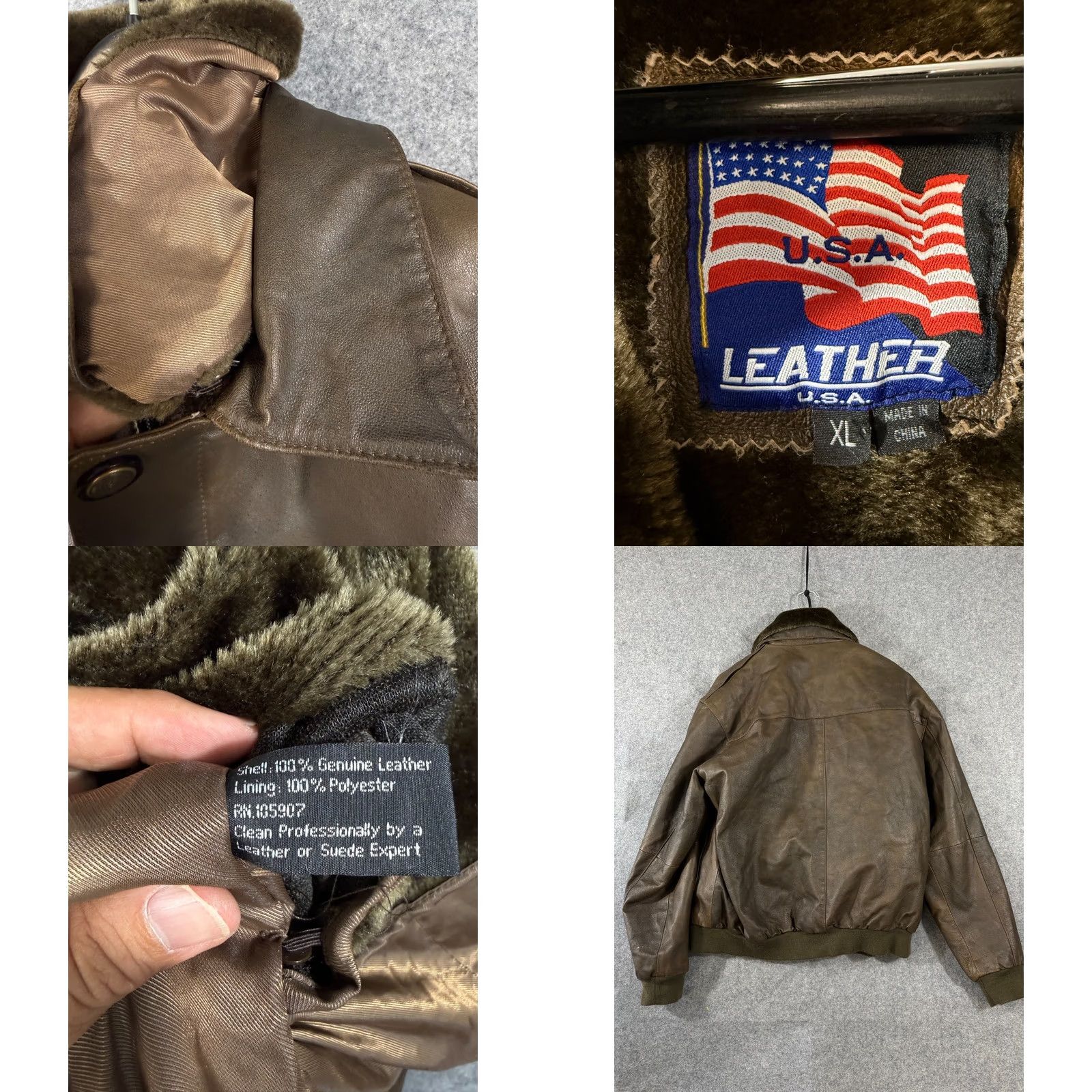 Vintage Aviator Bomber Jacket Mens XL Brown Green Genuine Leather Removable Liner Zipper Size US XL / EU 56 / 4 - 8 Thumbnail