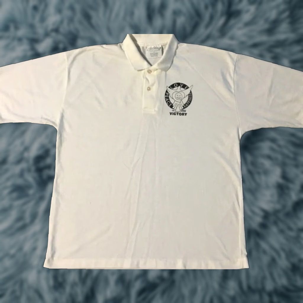 Vintage Vtg 90s Peace Love Happiness Polo Shirt XL Kindness Friendship Heart Grunge 80s Shirt Mens XL White Size US XL / EU 56 / 4 - 1 Thumbnail