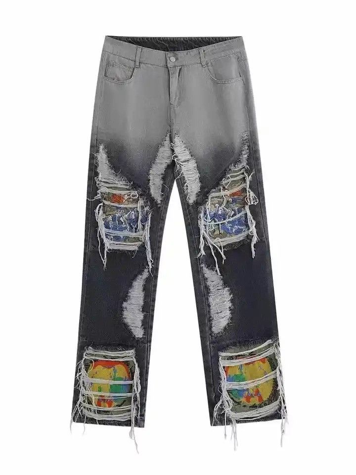 Japanese Brand × Vintage Heavy Industry Embroidered Loose Straight Leg Ripped Jeans Size US 29 - 5 Thumbnail