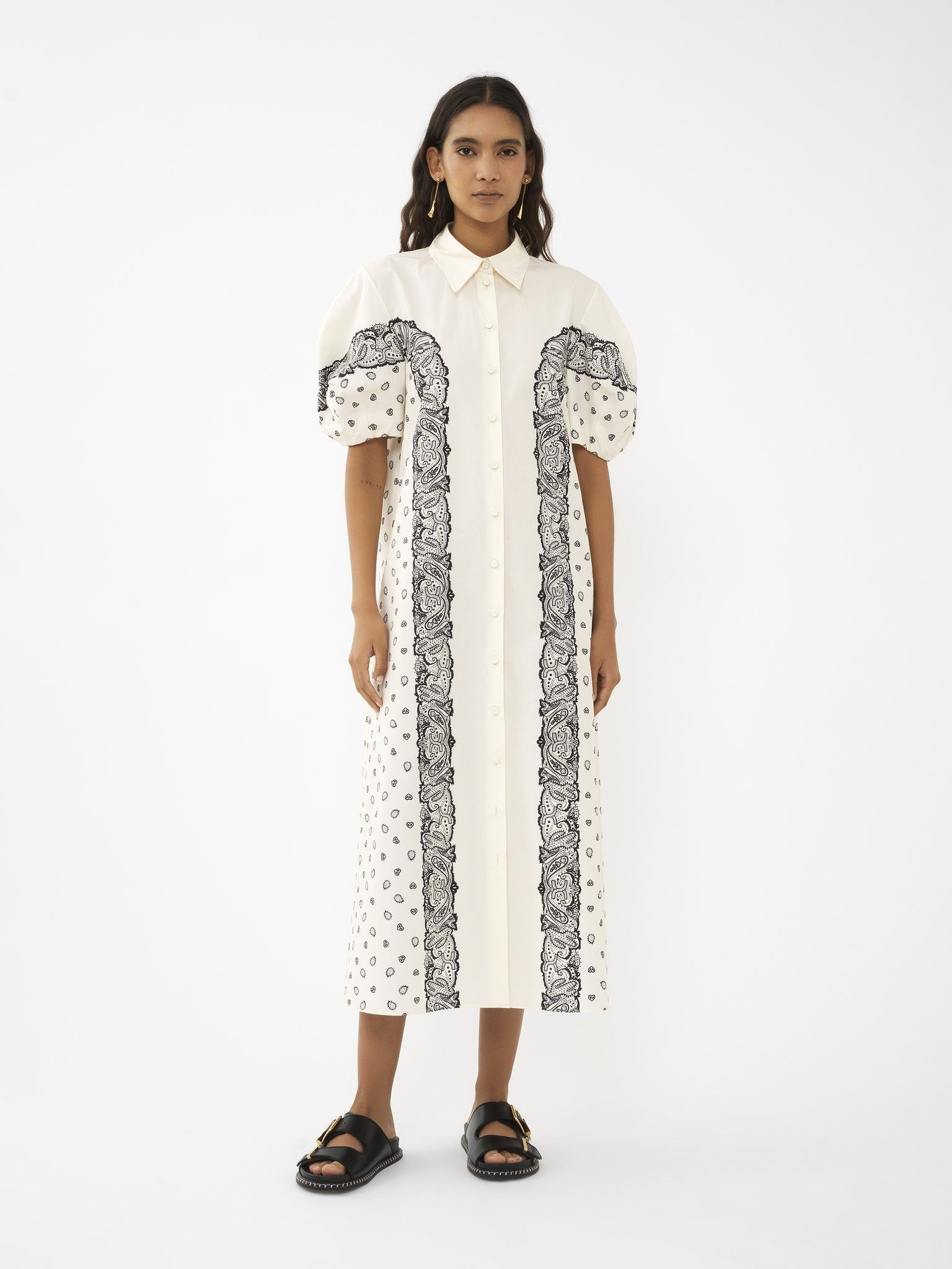 Chloe oc11z0525 Printed Balloon-Sleeve Shirt Dress in White/Black Size M / US 6-8 / IT 42-44 - 2 Thumbnail
