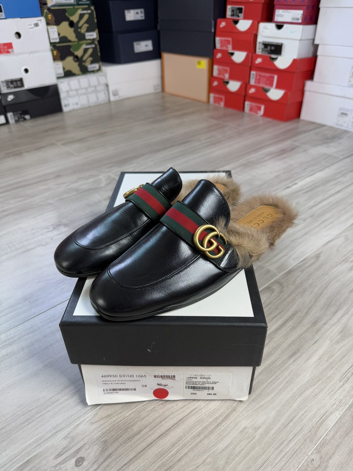 Gucci Black Leather Double G Fur Princetown Mules Size US 8 / EU 41 - 3 Thumbnail