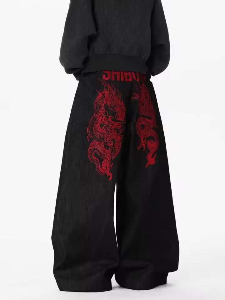 Japanese Brand Extreme Wide Leg Black Jeans | Red Dragon Size US 33 - 2 Thumbnail