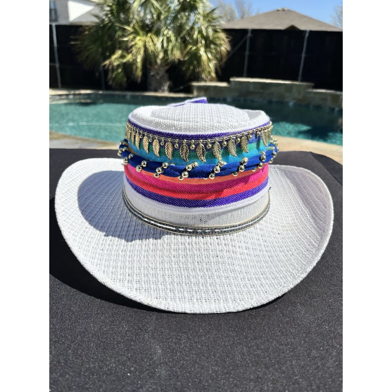 Vintage VINTAGE ARLOP Straw Hat Rainbow/gold Beaded Size 7 1/2 Mexico White Women Hat Size ONE SIZE - 4 Thumbnail