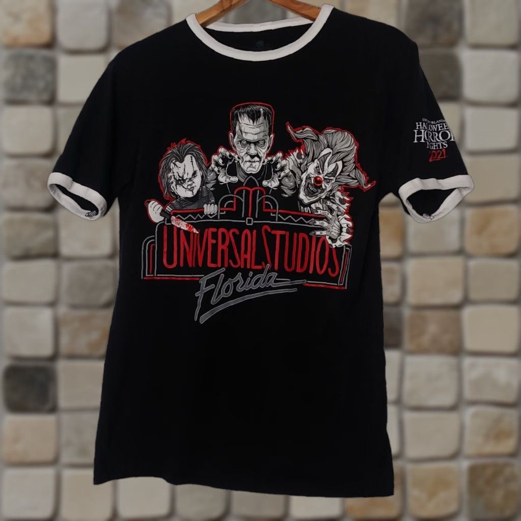 Vintage Universal Studios Halloween Horror Nights Ringer T-Shirt Unisex Small Black 2021 Horror Movie Characters Size US S / EU 44-46 / 1 - 1 Thumbnail