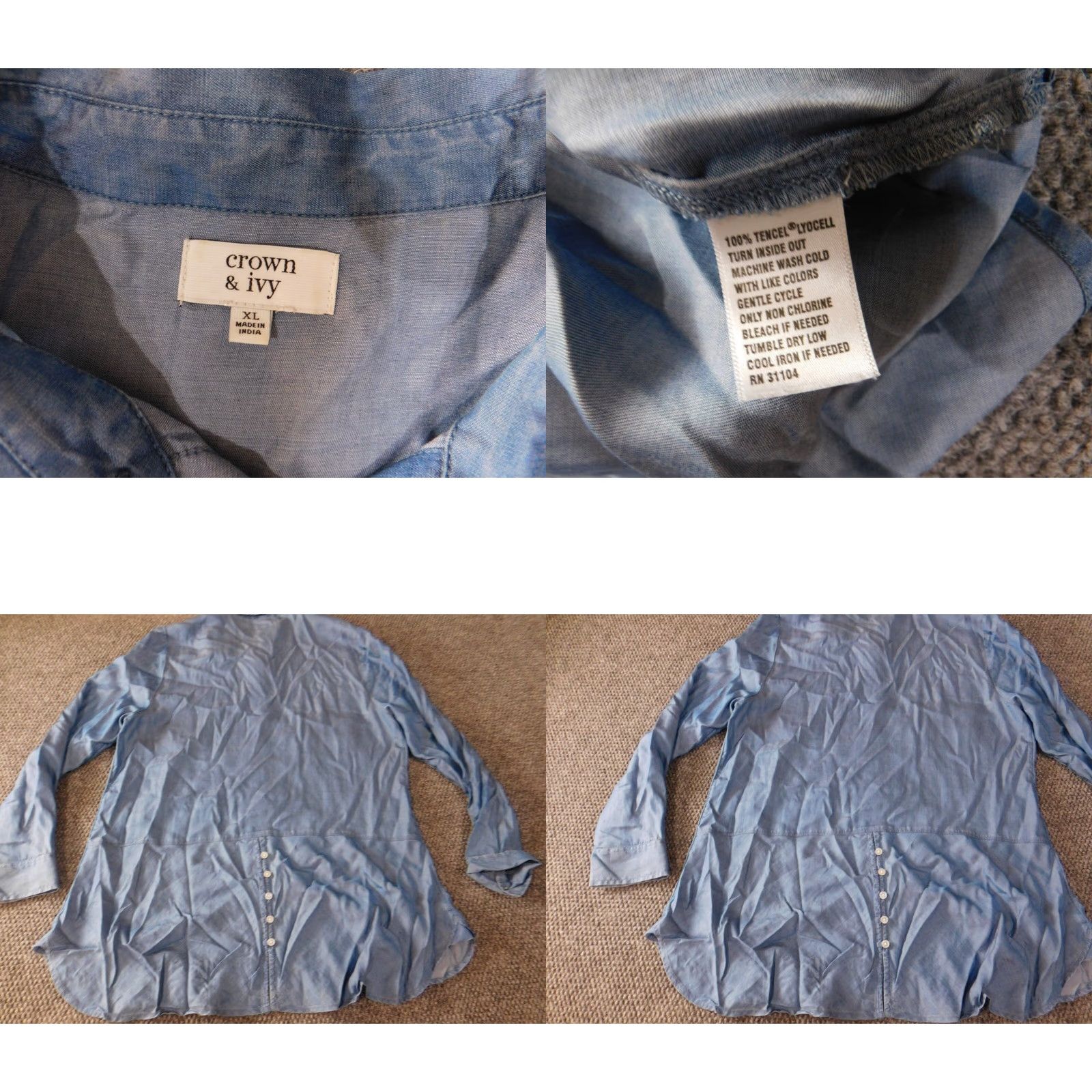 Vintage Crown & Ivy Womens Blouse XL Blue Denim Button-Up Crew Neck Long Sleeve Button-Front Casual Classic Floral Stretch Size XL / US 12-14 / IT 48-50 - 8 Thumbnail