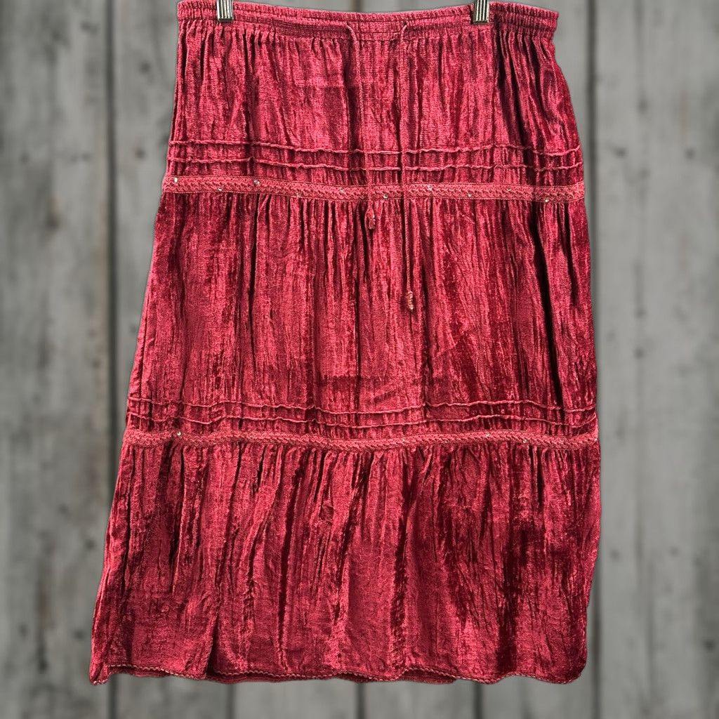 Velvet VINTAGE JFW Skirt Womens M Midi Velvet Bohemian Red Boho Dressy A-Line 90s Size 32" / US 10 / IT 46 - 1 Thumbnail