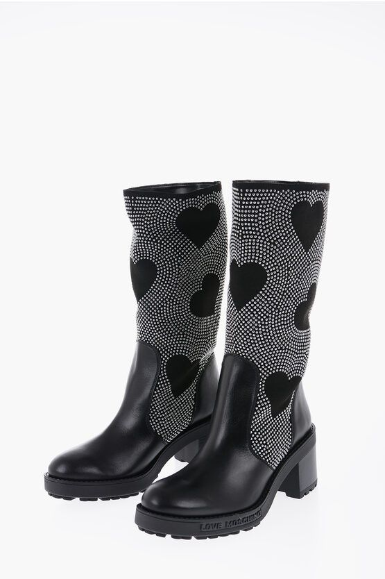 image of Moschino Love Studded High-Boots With Leather Details 8Cm in Black, Women's (Size 9)