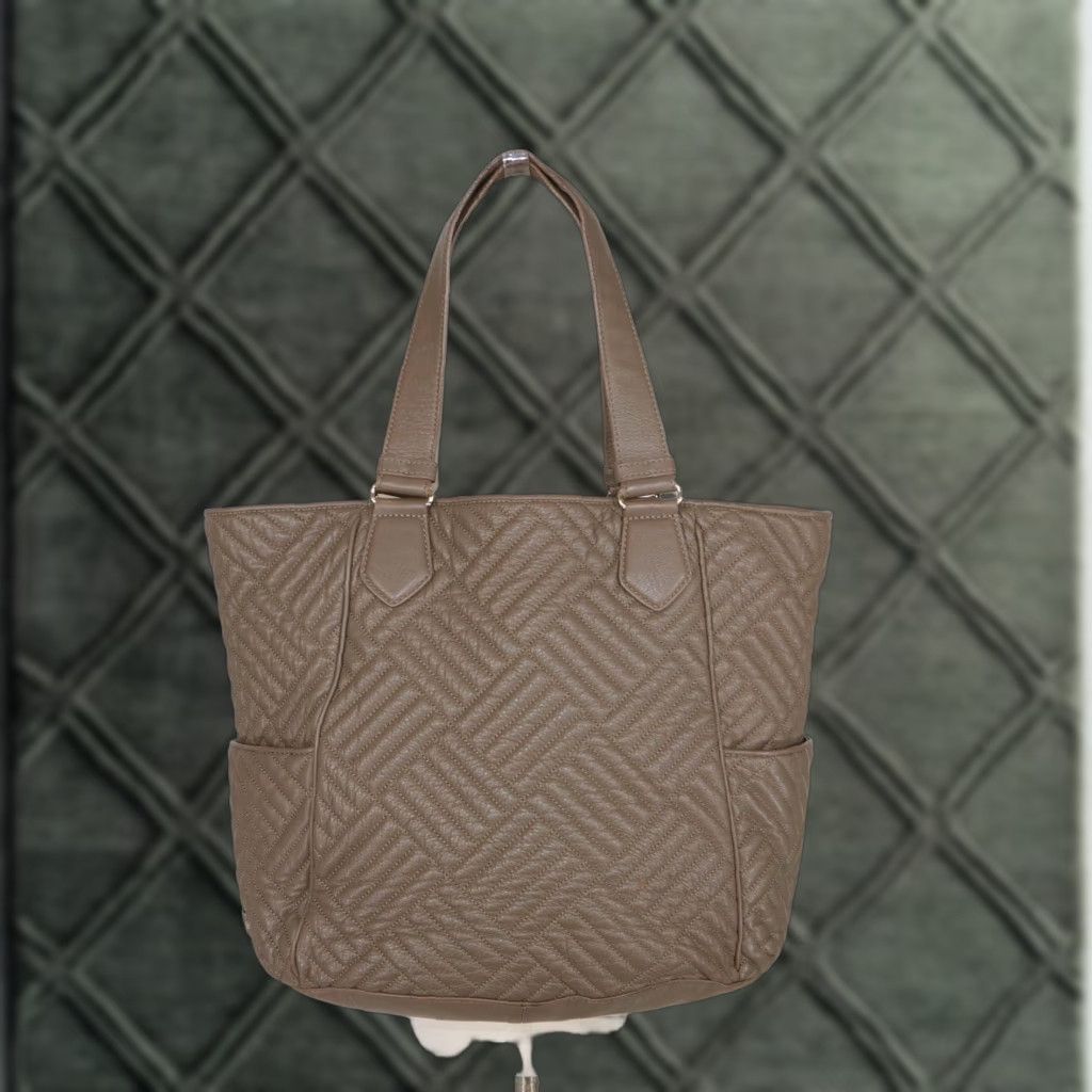 Cole Haan Tote Leather Bag Purse Quilted X-Large Brown Olive Taupe in White, Women's