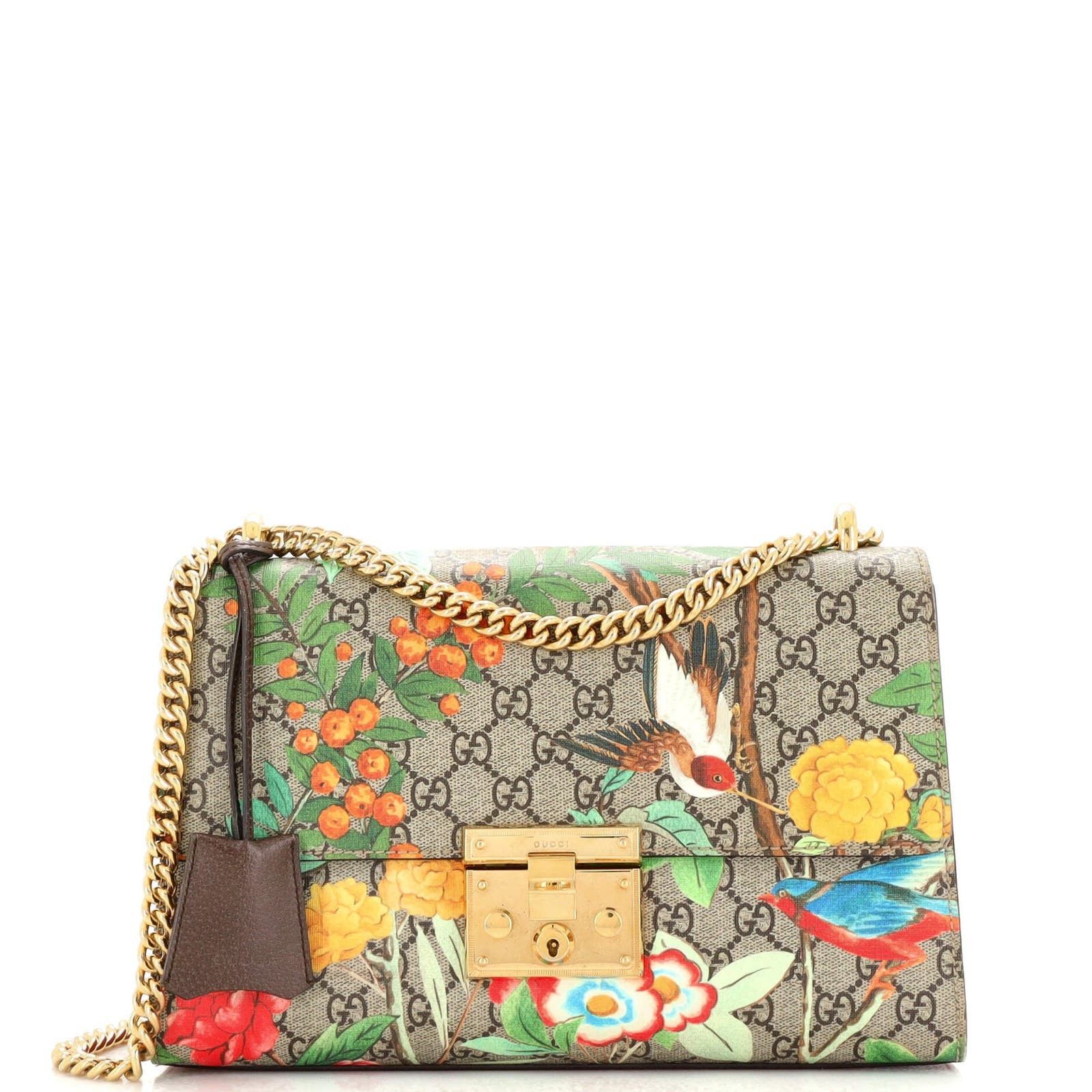 image of Gucci Padlock Shoulder Bag Tian Print GG Coated Canvas Medium in Brown, Women's