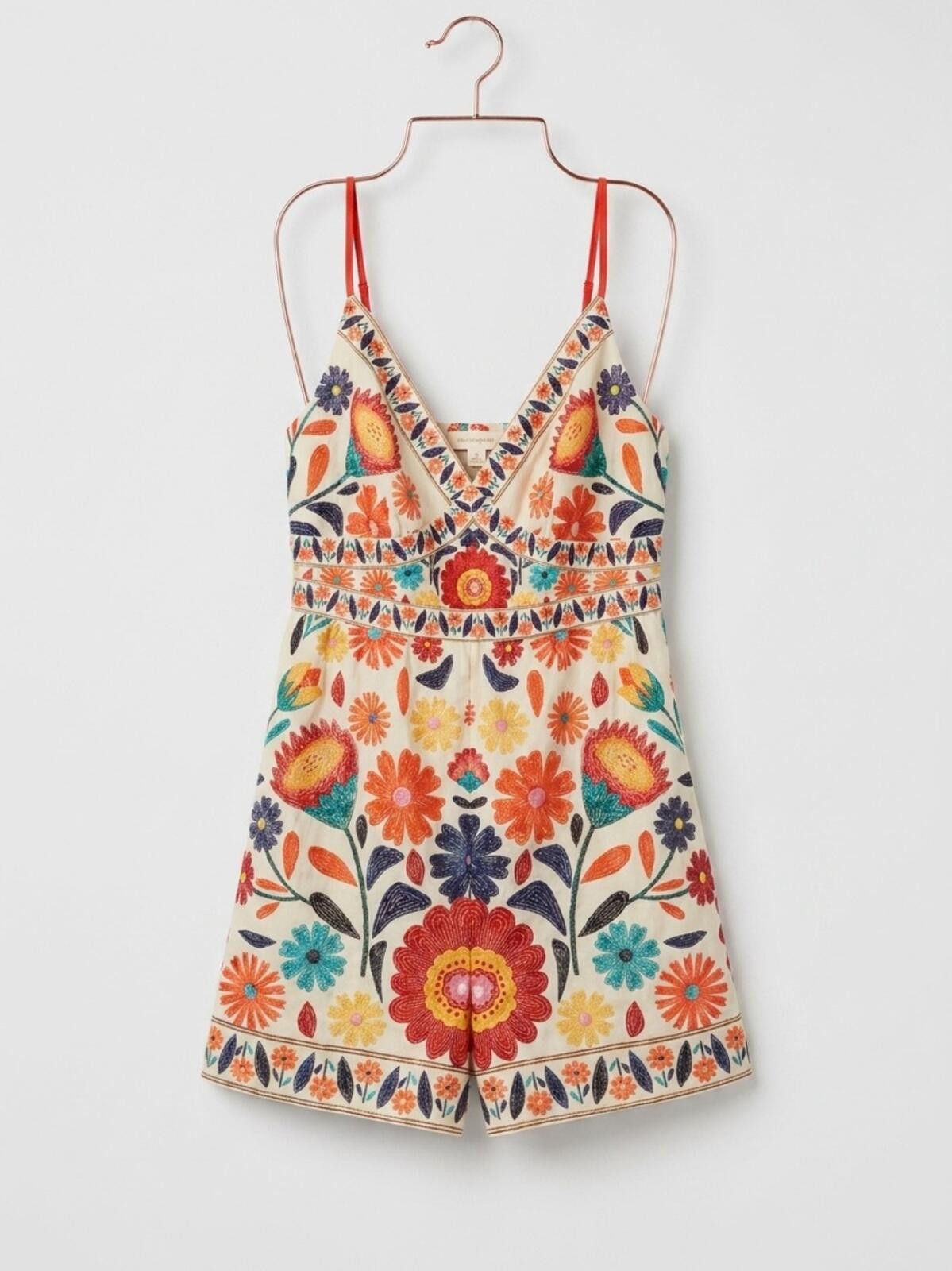 Other Embroidered Floral V-Neck Romper with Red Straps Size 32" / US 10 / IT 46 - 1 Thumbnail