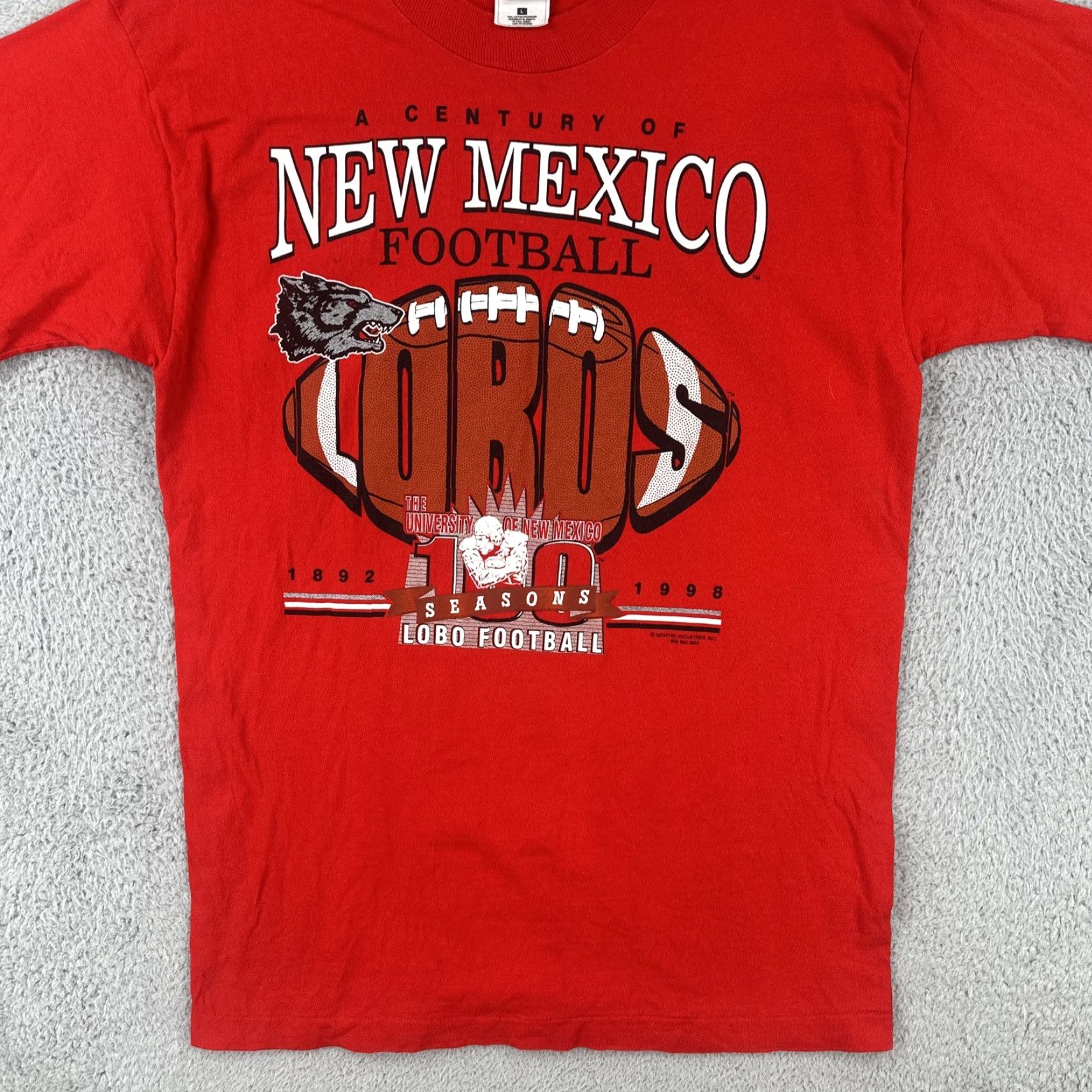 Fruit Of The Loom VINTAGE Fruit of the Loom Shirt UniVersity of New Mexico Lobos Football, Red, 90s, Crew Neck, Short Sleeve, L, Men Size US L / EU 52-54 / 3 - 4 Thumbnail