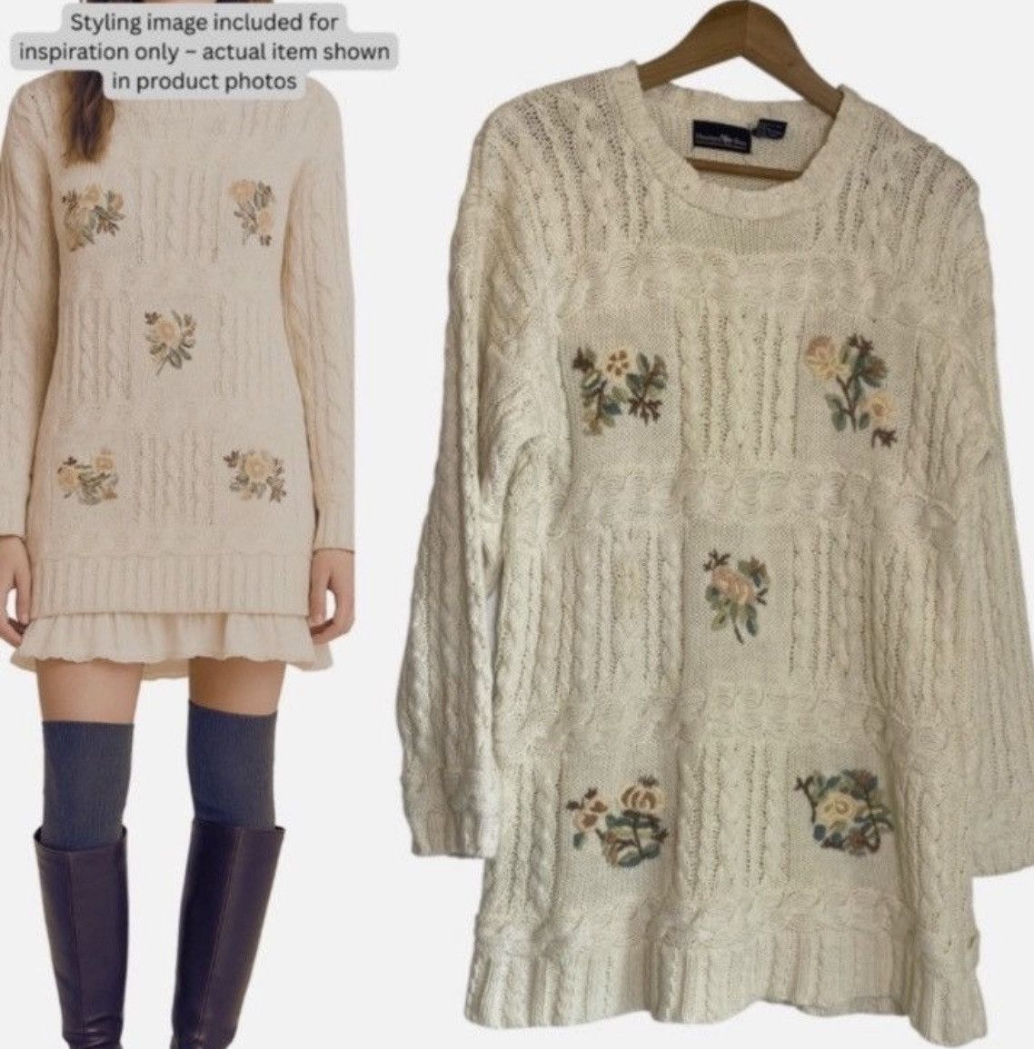 Vintage VTG Cable Knit Sweater Tunic/Dress S Floral Embroidered Size S / US 4 / IT 40 - 1 Thumbnail
