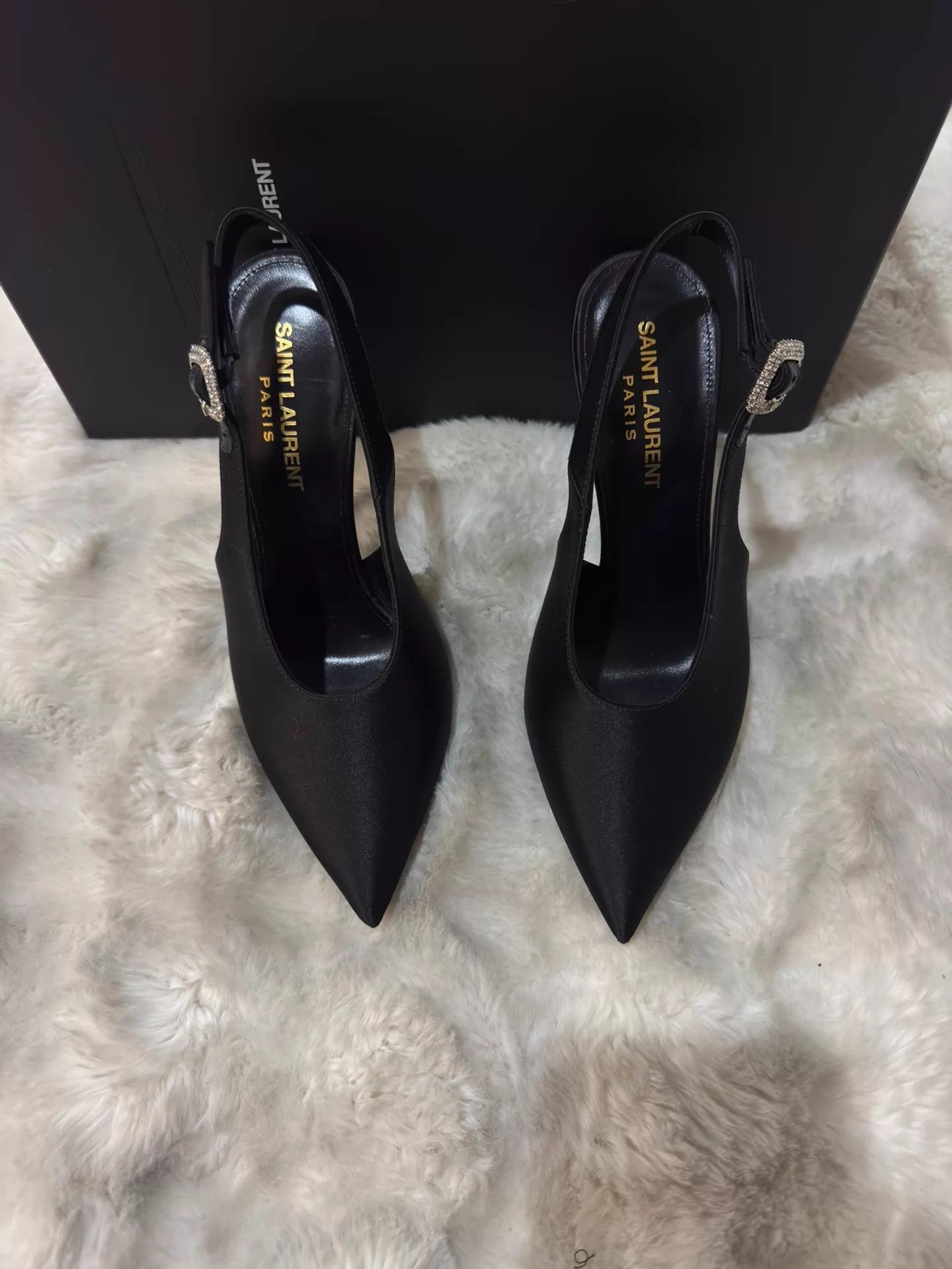 Saint Laurent Paris Saint Laurent Black Crystal-Encrusted Satin Heels 36 Size US 5.5 / IT 35.5 - 5 Thumbnail
