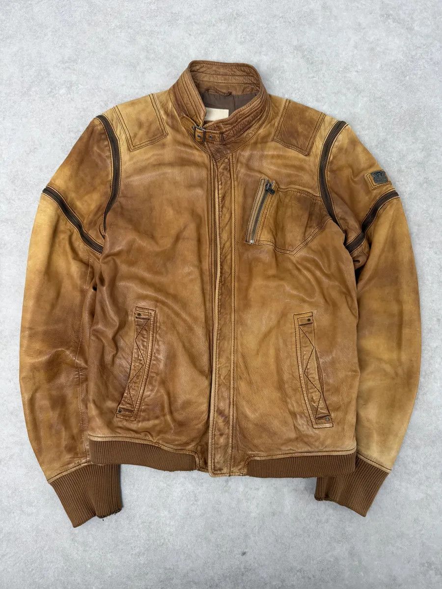 Diesel 2000s Diesel Sun Faded Brown Multi-Zip Leather Jacket Size US M / EU 48-50 / 2 - 6 Thumbnail