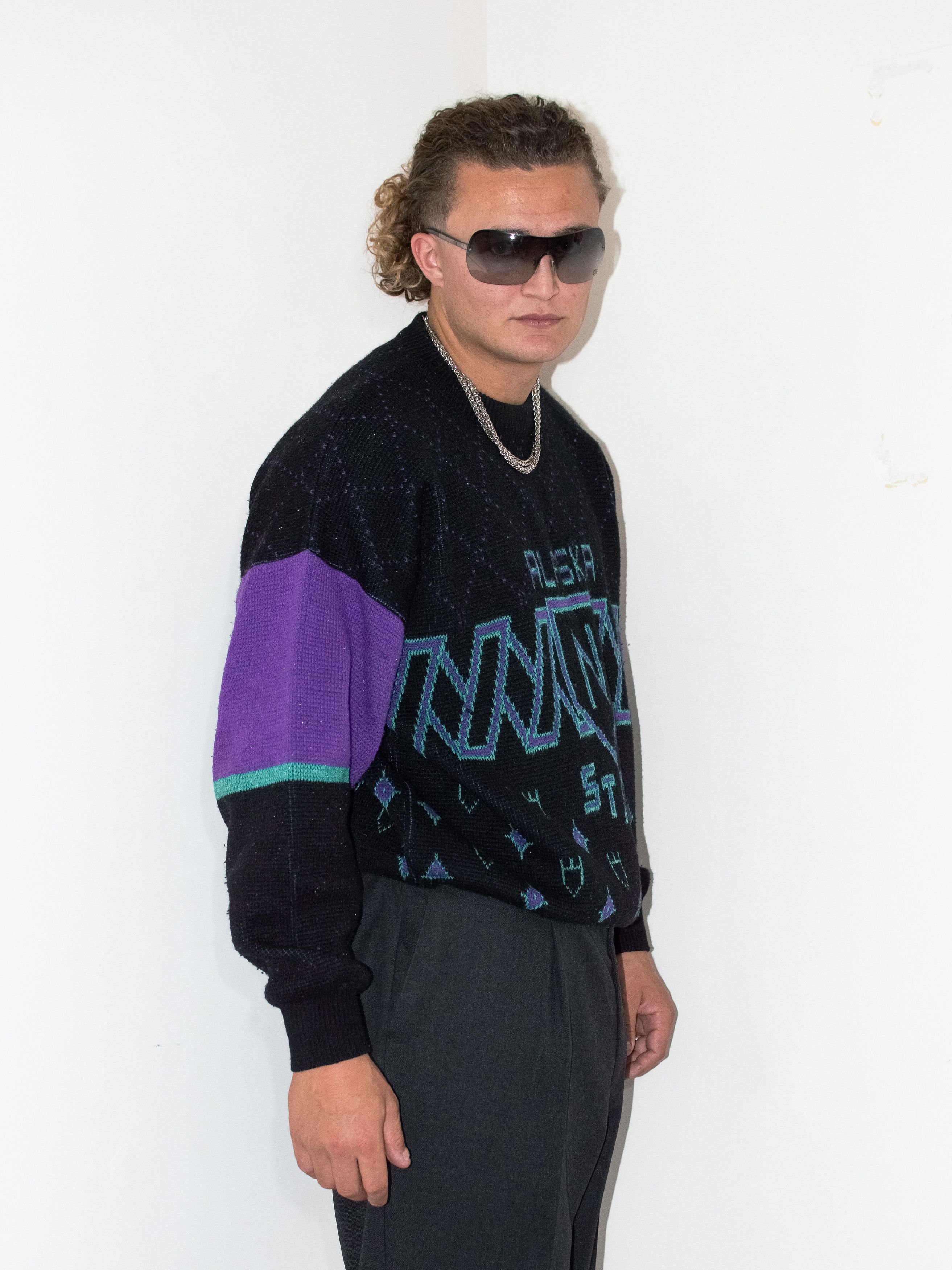 Designer × Vintage 90s Vintage Dark grey Chunky wool Graphic knit jumper Size US XL / EU 56 / 4 - 3 Thumbnail