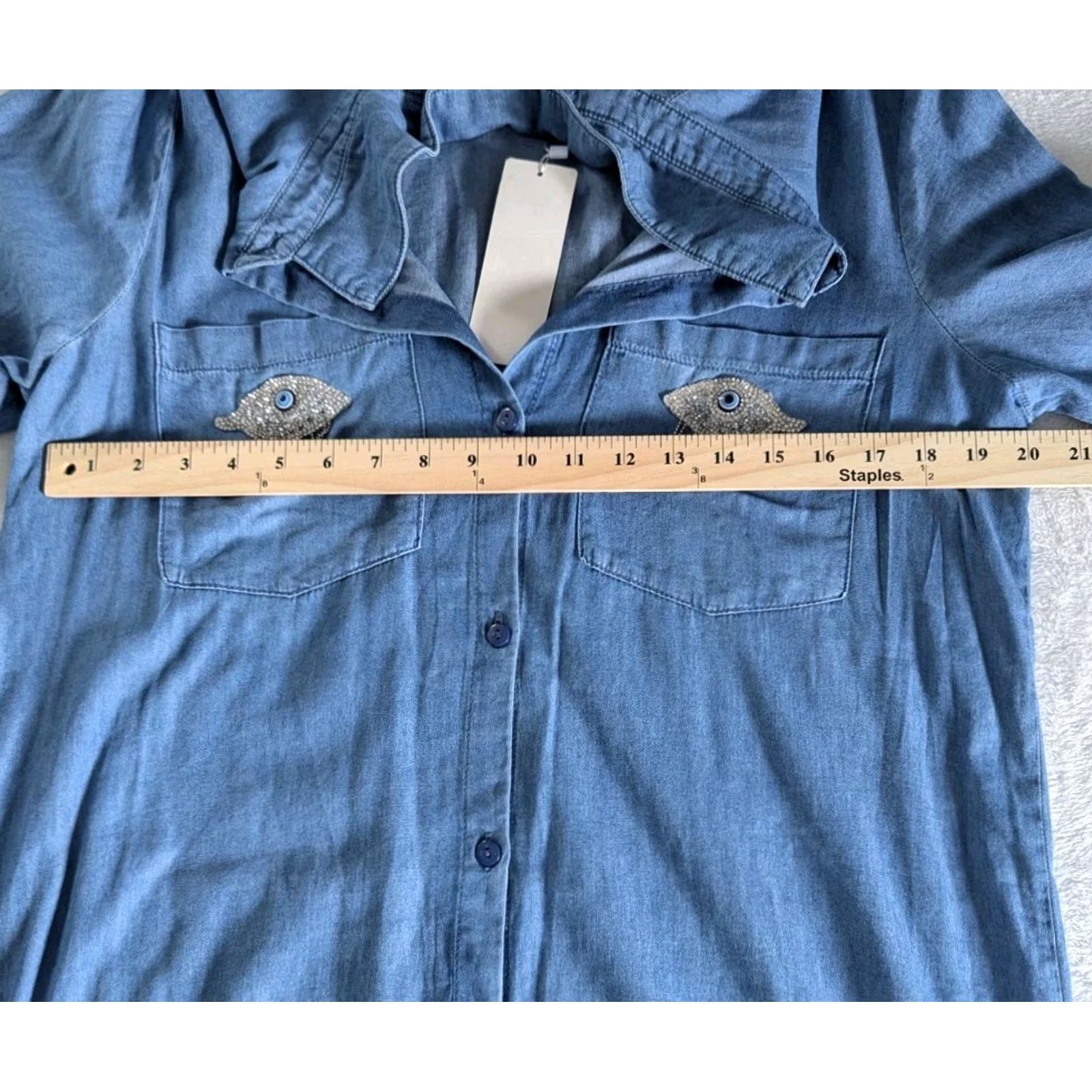 Vintage Gold SK Chambray Shirt Dress Blue Size 42 Rhinestone Eye Tassle Embellishment Women Size M / US 6-8 / IT 42-44 - 6 Thumbnail