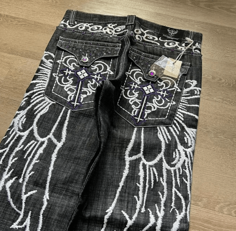 Japanese Brand Oversized Print Embroidered Baggy Jeans Size US 30 / EU 46 - 2 Thumbnail