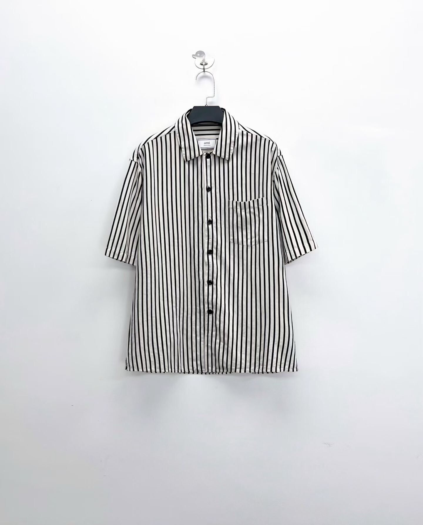 Ami Black White Stripe Short-Sleeve Shirt Jacket