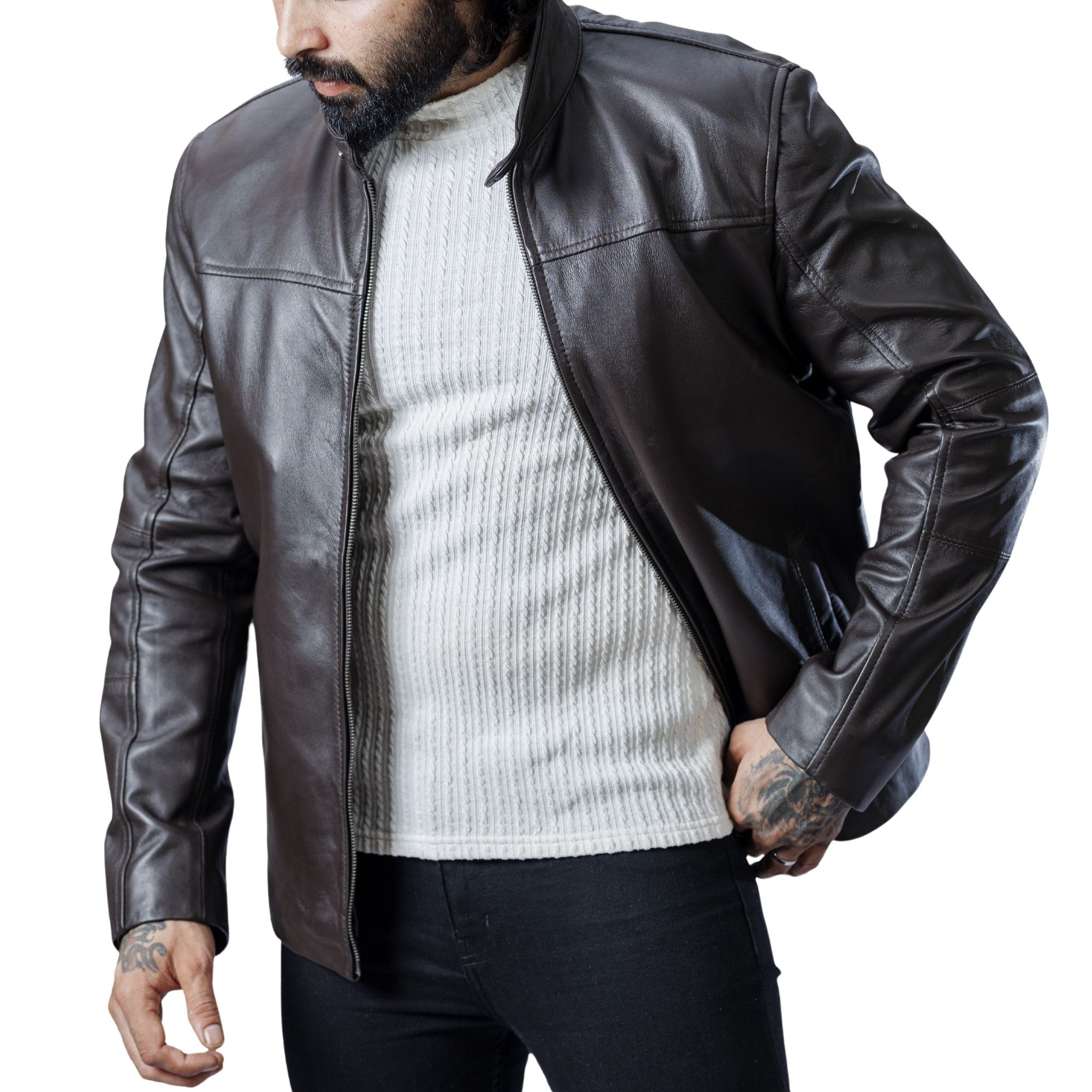 Handmade Handmade Genuine Sheepskin Cafe Racer - Brown - Medium Size US L / EU 52-54 / 3 - 1 Thumbnail