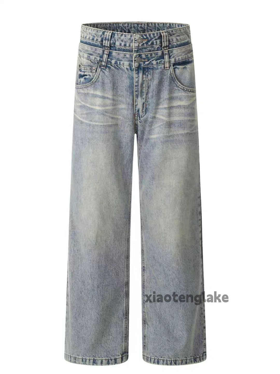 Jean Unisex washed faded double waist loose baggy jeans Size US 32 / EU 48 - 4 Thumbnail