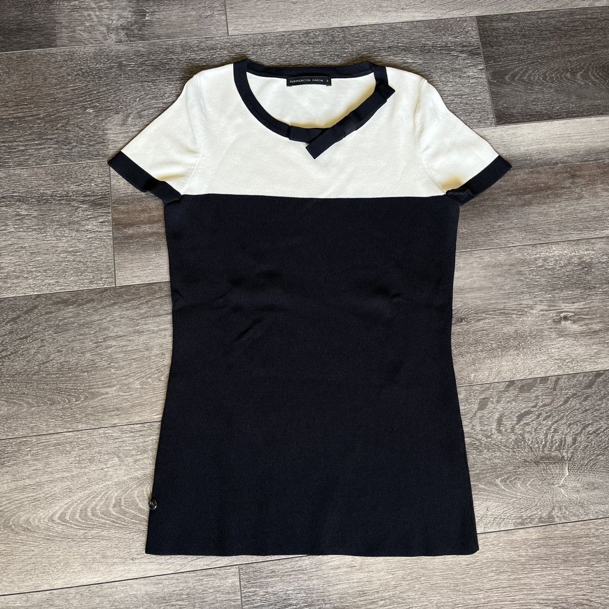 PURIFICATION GARCIA Purificacion Garcia White Black Stripe Mini Dress Neck Bow Size S / US 4 / IT 40 - 1 Thumbnail