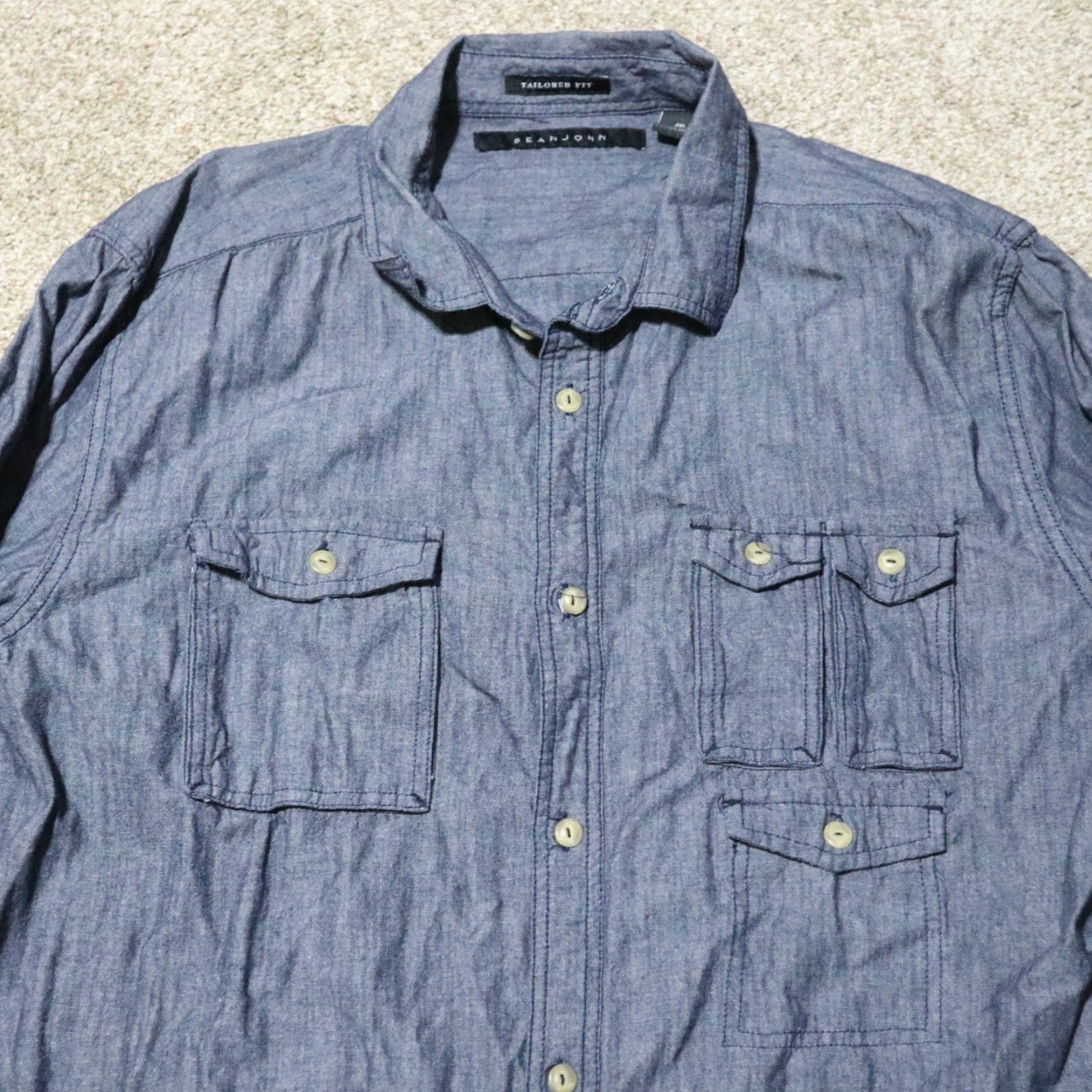 Sean John Sean John Button Up Shirt Short Sleeve Solid Blue Cotton Adult Men's 2XL Blue Shirt Mens 2XL Button Up Shirt Azul Size US XXL / EU 58 / 5 - 2 Thumbnail