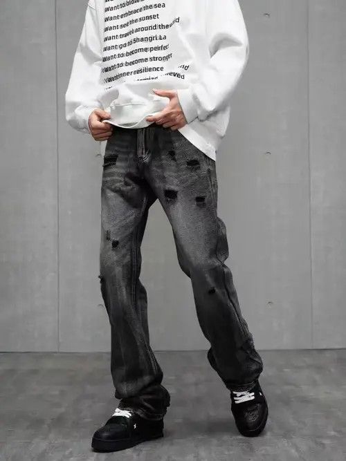 Japanese Brand × Jean High street ripped black and gray bootcut jeans Size US 32 / EU 48 - 1 Thumbnail