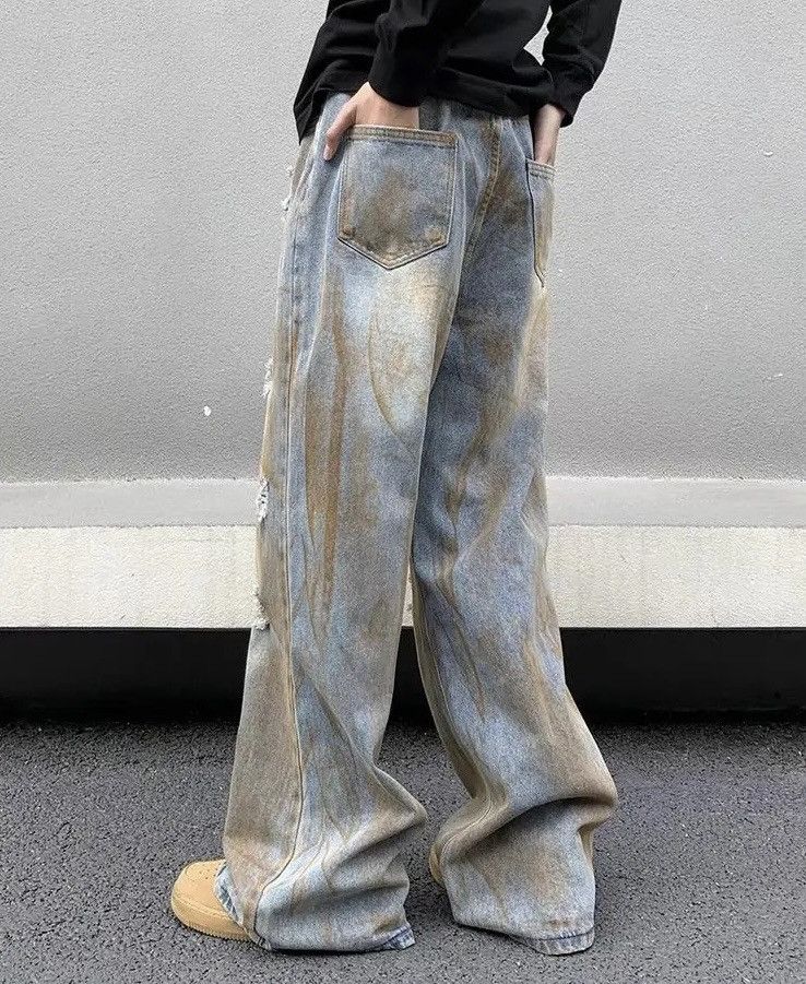 Jean × Vintage Dirty Wash Blue Baggy Distressed Jeans Size US 32 / EU 48 - 3 Thumbnail