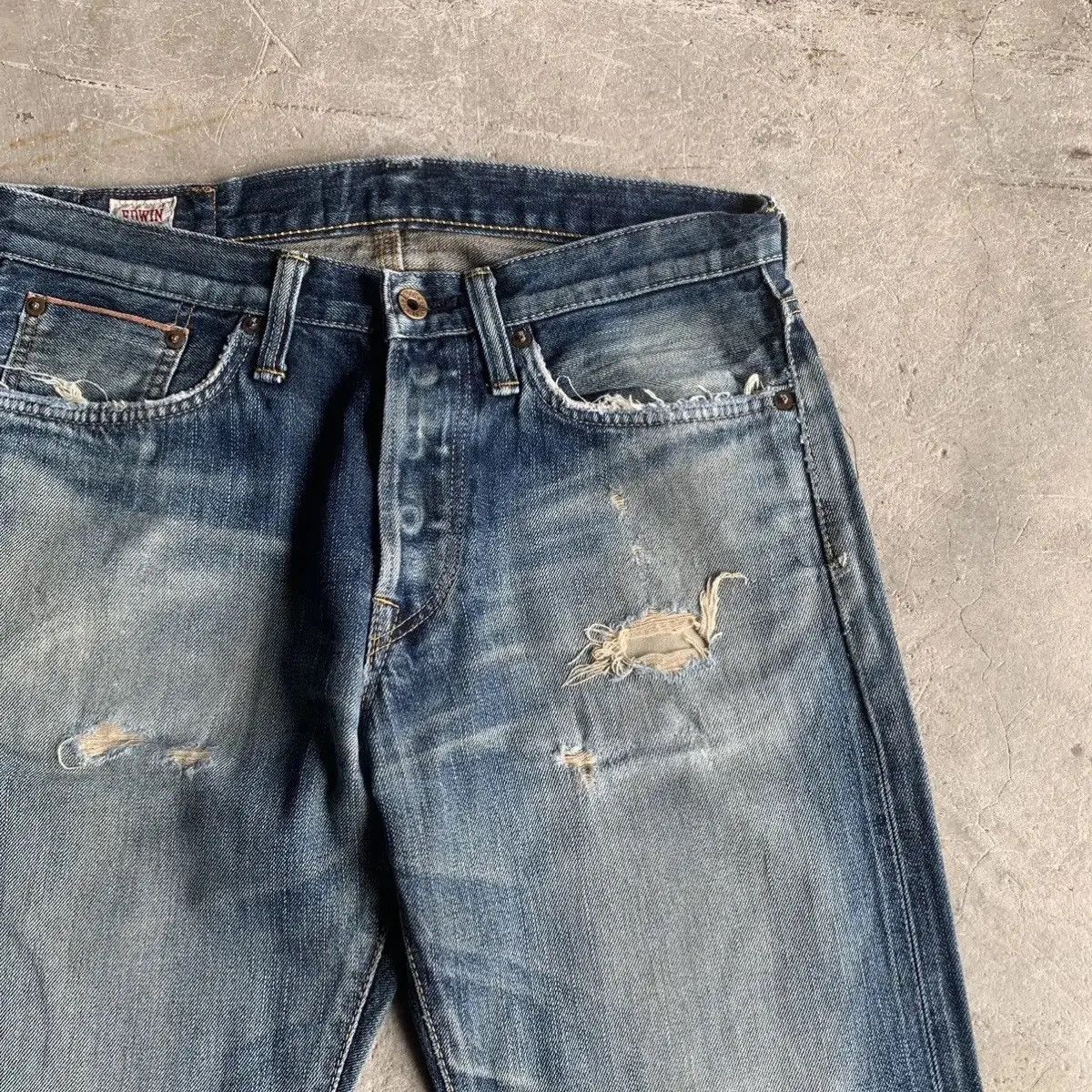 Self Edge × Sugar Cane 💥DISTRESSED! Edwin 505 Red Line Jeans Sun Faded Blue Pants Size US 32 / EU 48 - 5 Thumbnail